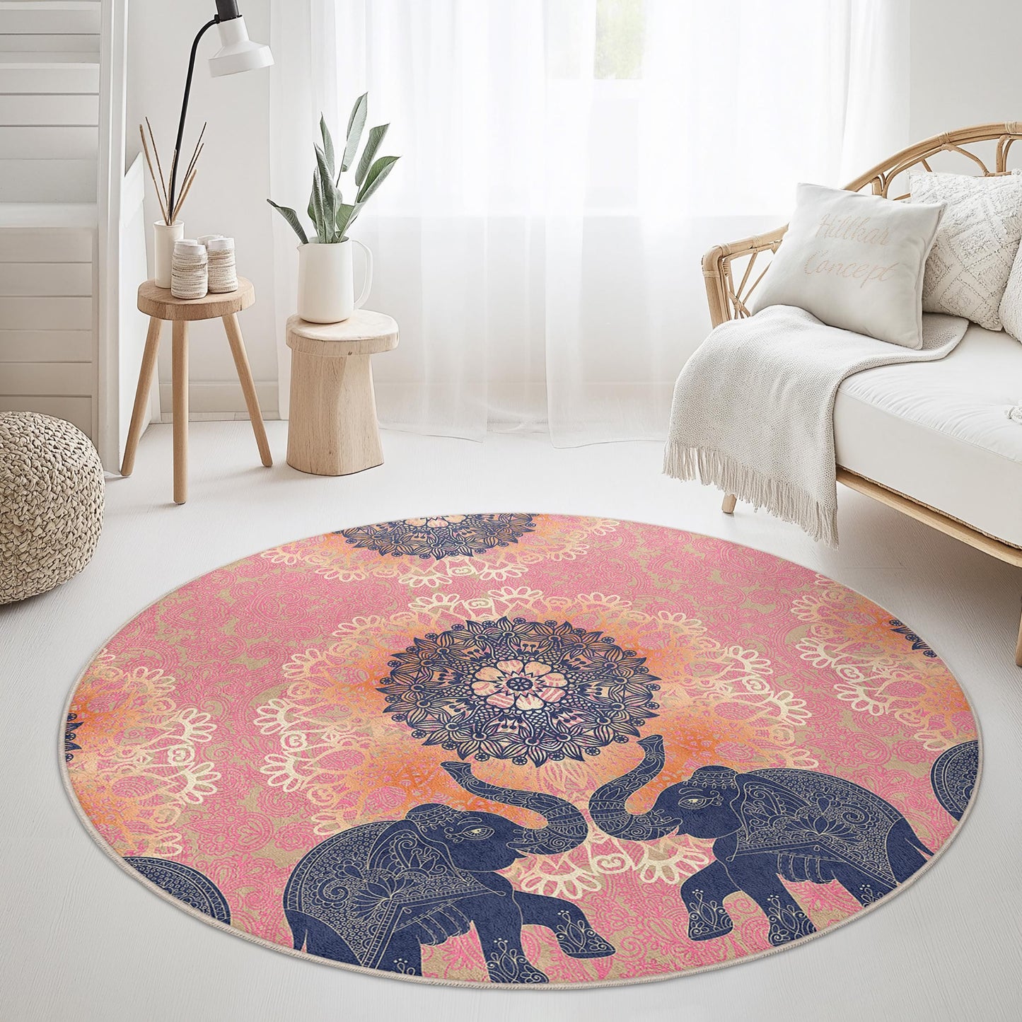 Elegant Elephant Mandala Round Area Rug, Bohemian Style Round Carpet, Pink and Navy Living Room Decor, Unique Round Rug for Home