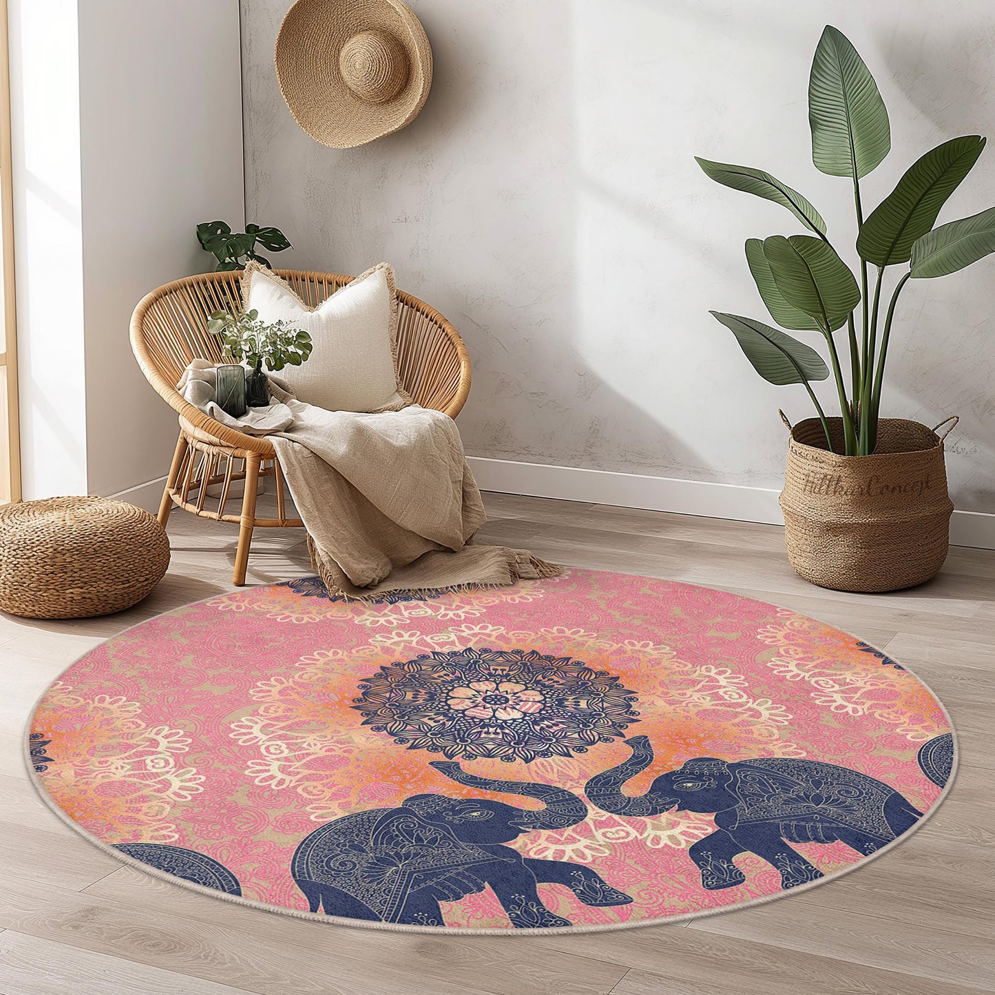 Elegant Elephant Mandala Round Area Rug, Bohemian Style Round Carpet, Pink and Navy Living Room Decor, Unique Round Rug for Home