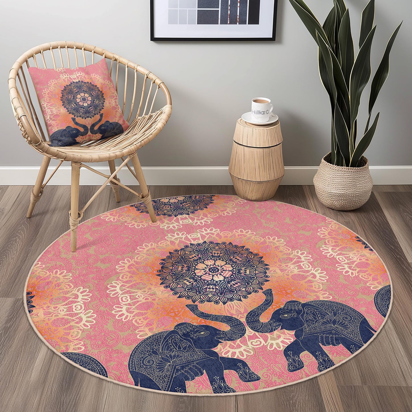 Elegant Elephant Mandala Round Area Rug, Bohemian Style Round Carpet, Pink and Navy Living Room Decor, Unique Round Rug for Home