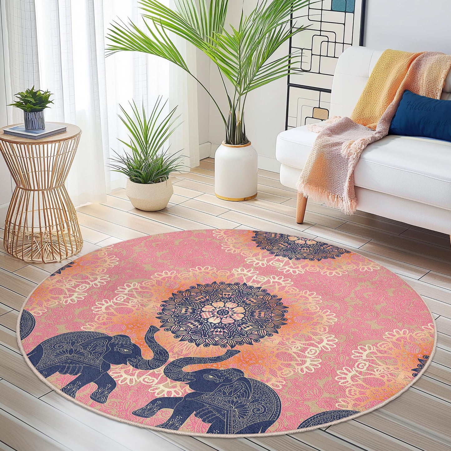 Elegant Elephant Mandala Round Area Rug, Bohemian Style Round Carpet, Pink and Navy Living Room Decor, Unique Round Rug for Home