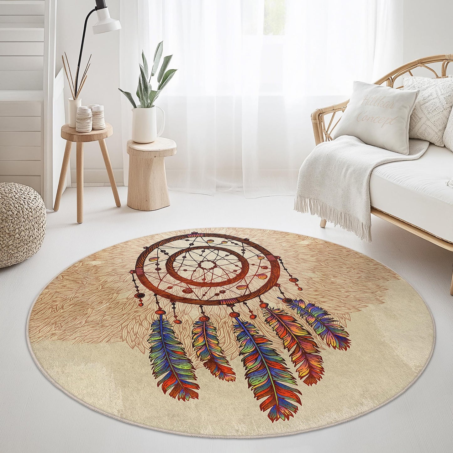 Bohemian Dreamcatcher Round Rug: Colorful Feather Floor Mat