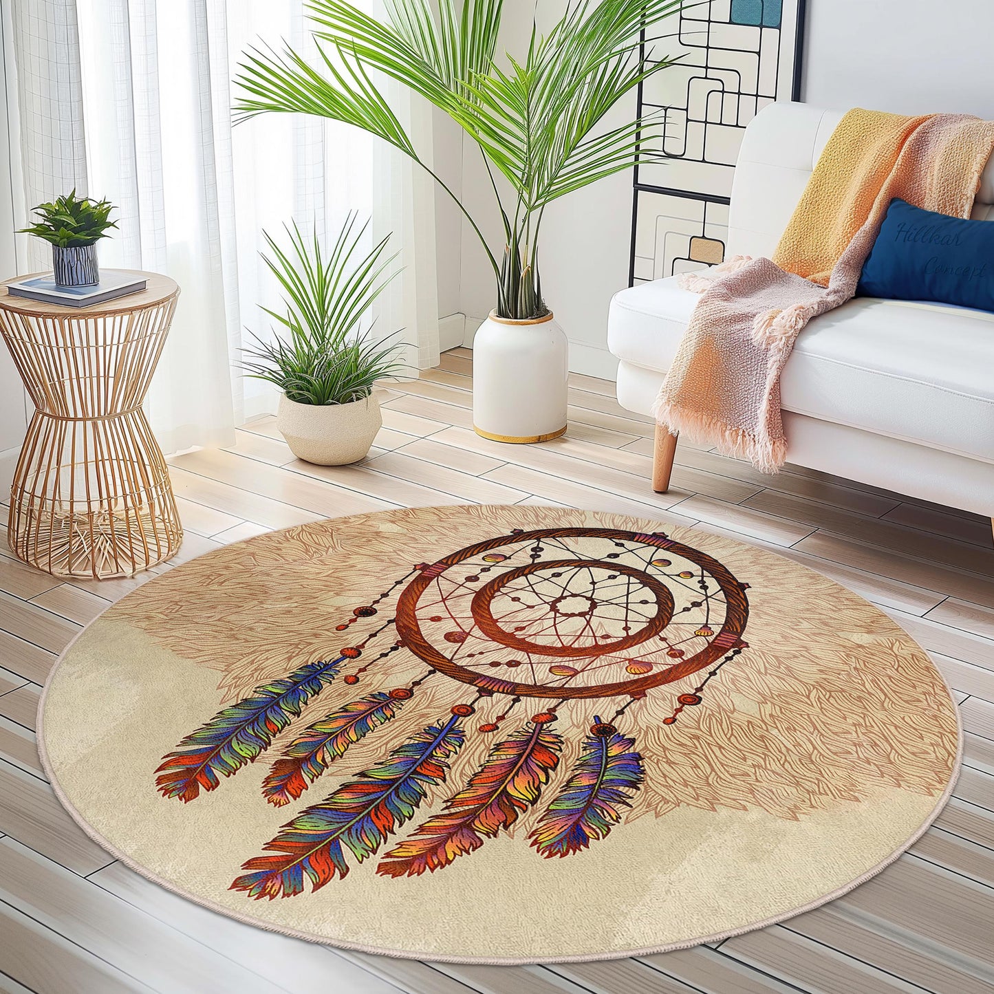 Bohemian Dreamcatcher Round Rug: Colorful Feather Floor Mat