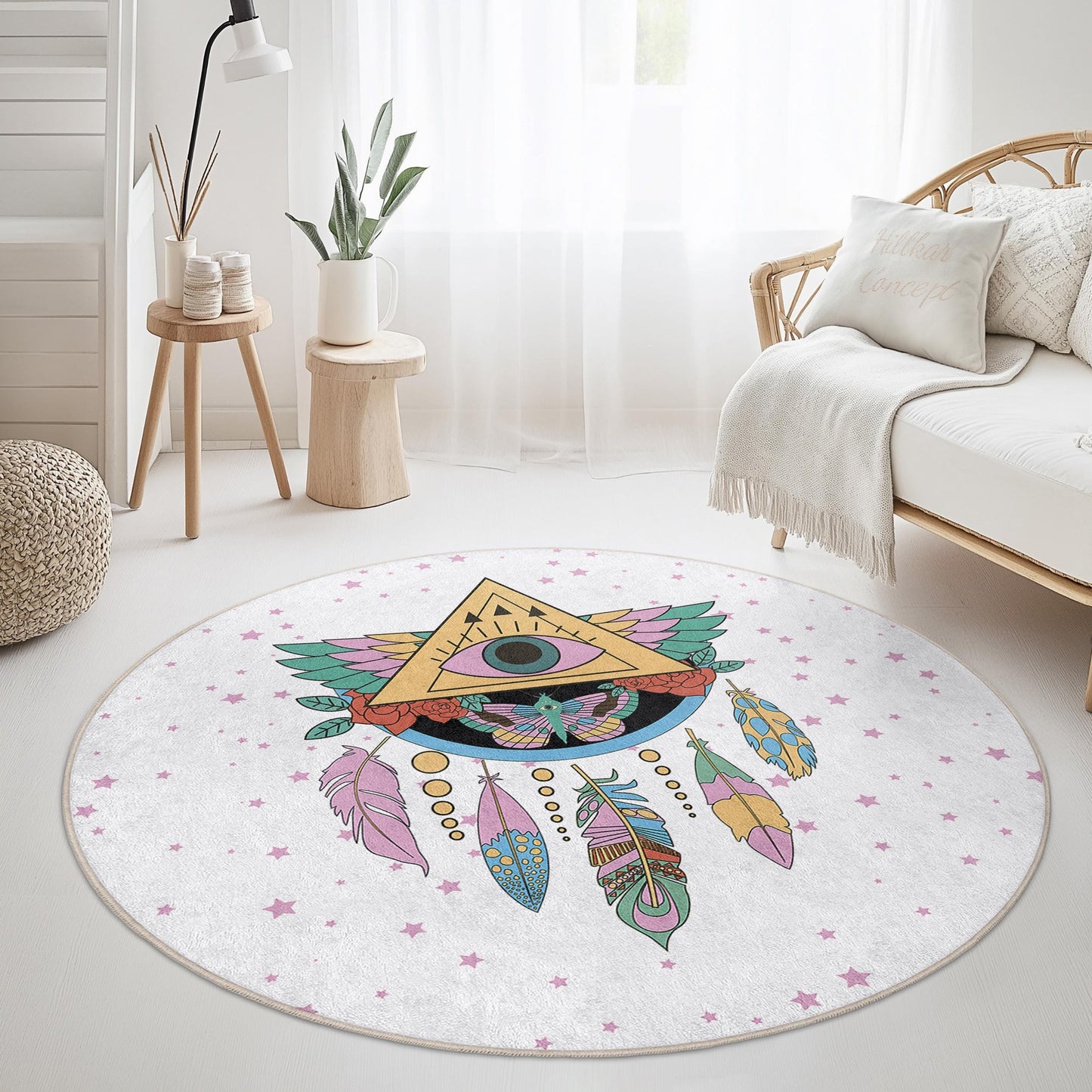 Dreamy Bohemian Round Area Rug, Eye and Feather Design, Round Living Room Rug, Boho Chic Decor, Unique Home Accent Rug