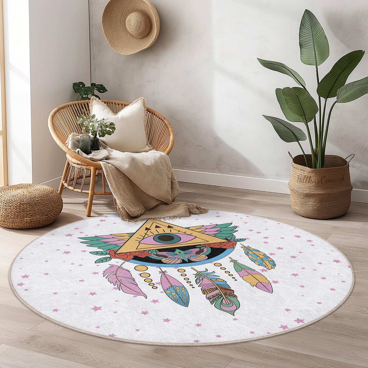 Dreamy Bohemian Round Area Rug, Eye and Feather Design, Round Living Room Rug, Boho Chic Decor, Unique Home Accent Rug