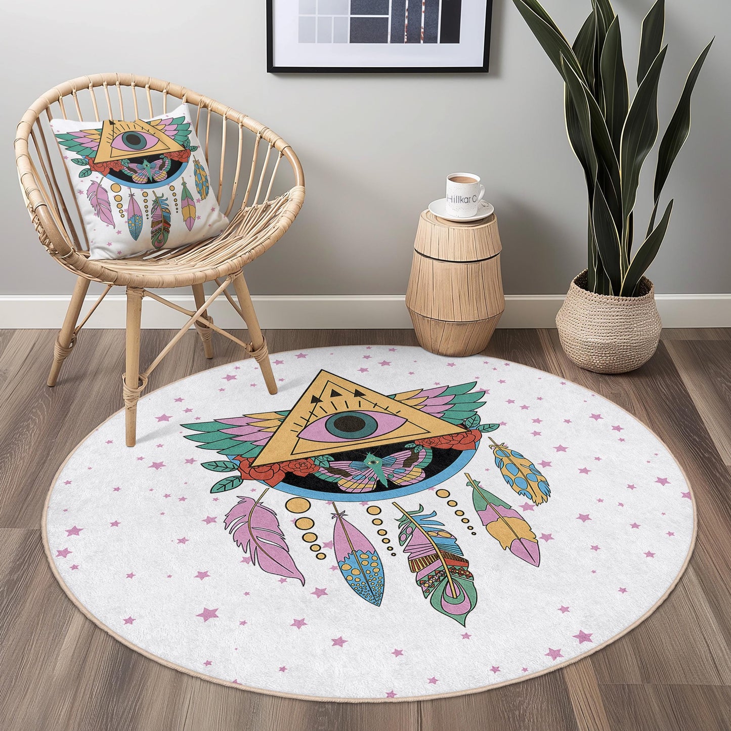 Dreamy Bohemian Round Area Rug, Eye and Feather Design, Round Living Room Rug, Boho Chic Decor, Unique Home Accent Rug