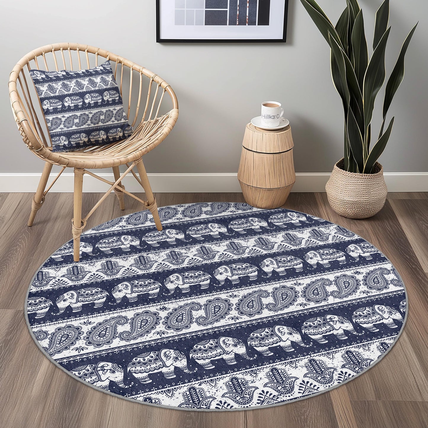 Elegant Elephant Round Area Rug, Bohemian Elephant Carpet, Indoor Round Rug, Living Room Decor, Bedroom Round Mat