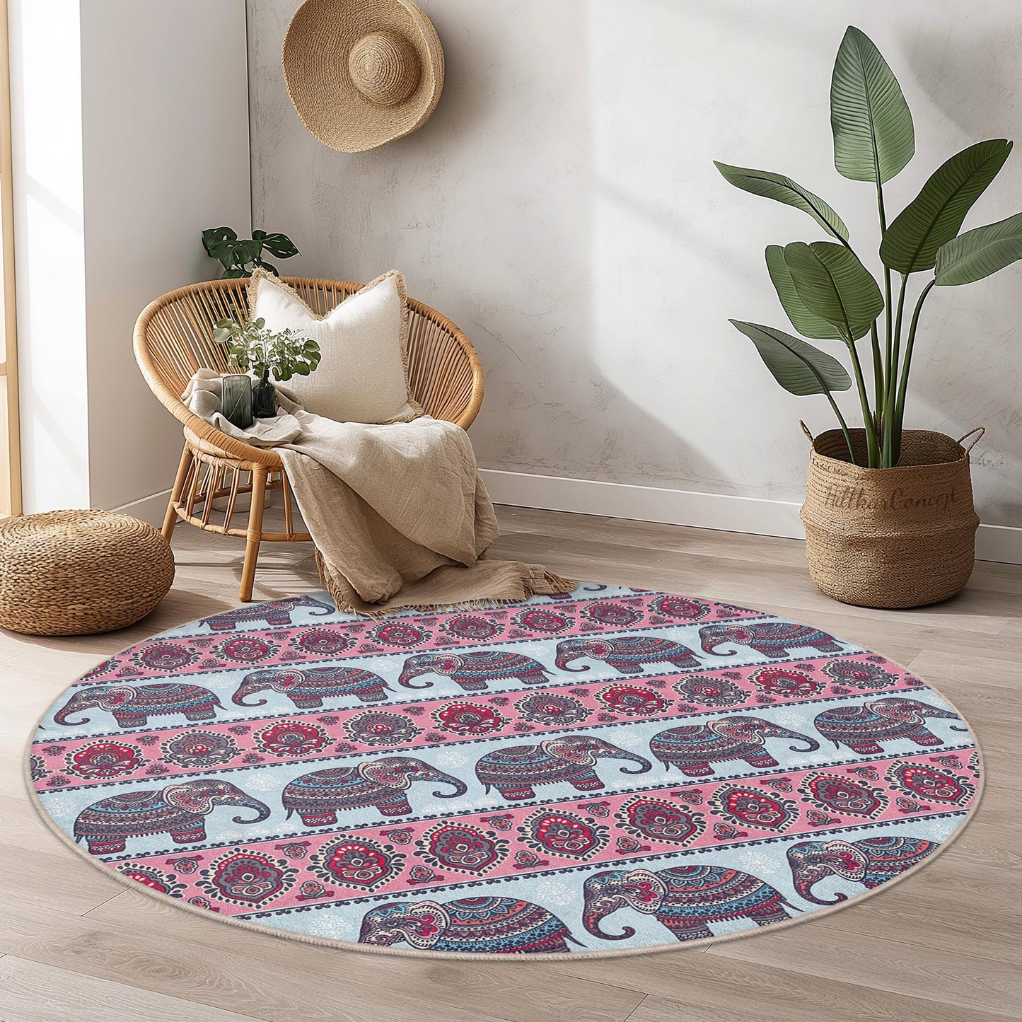 Elephant Pattern Round Area Rug, Bohemian Elephant Rug, Decorative Round Carpet for Living Room, Nursery, or Kids Room