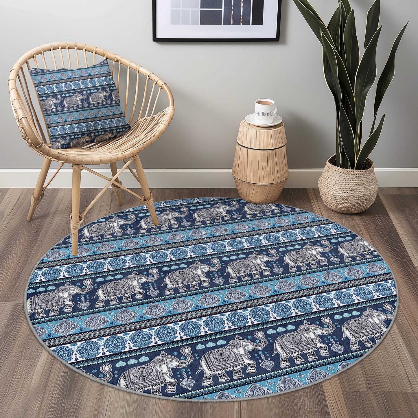 Elephant Pattern Round Area Rug, Bohemian Style Round Carpet, Soft Living Room Rug, Decorative Round Rug, Kids Room Decor