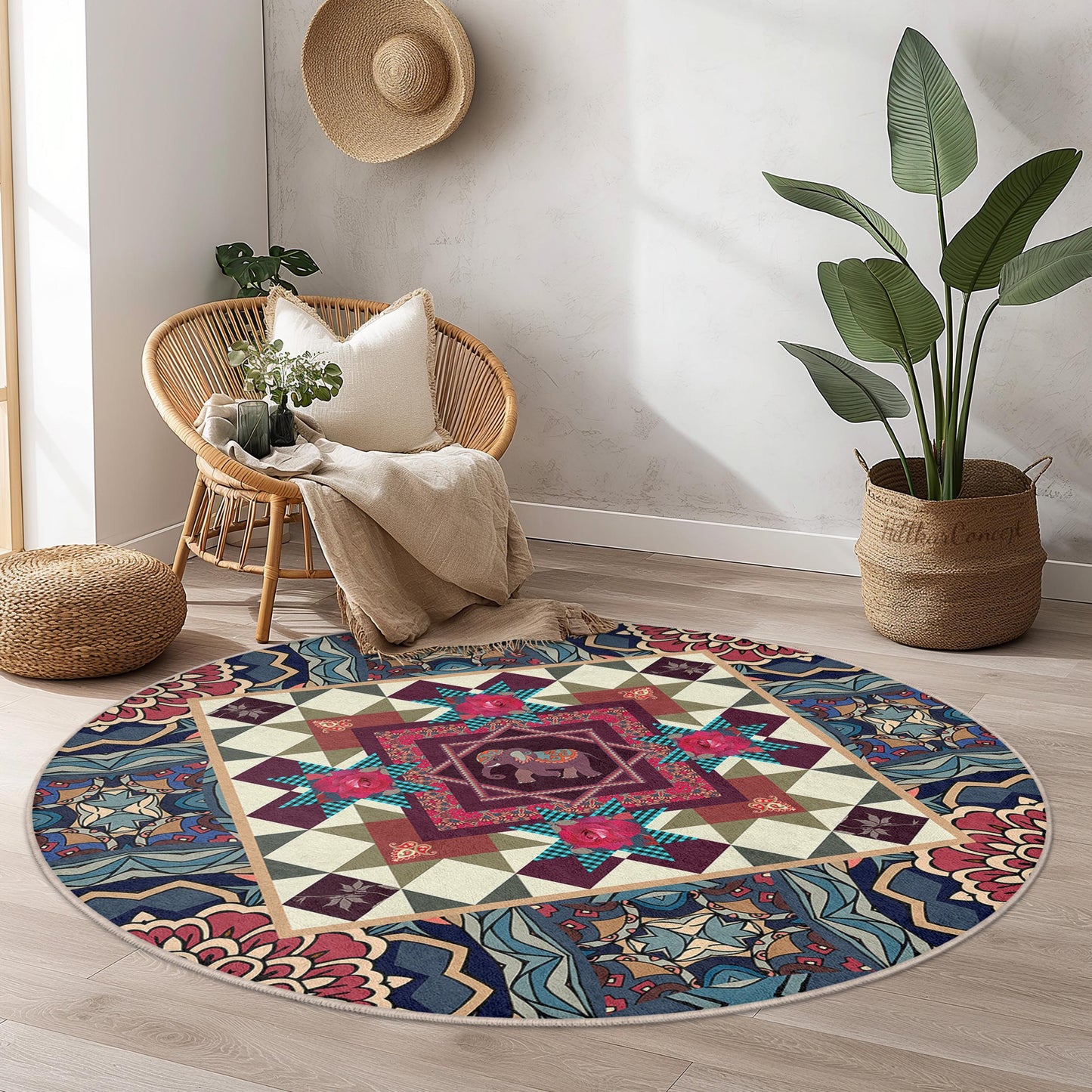 Vibrant Elephant Round Area Rug, Colorful Bohemian Decor, Mandala Style Carpet, Living Room Round Rug, Unique Home Accent