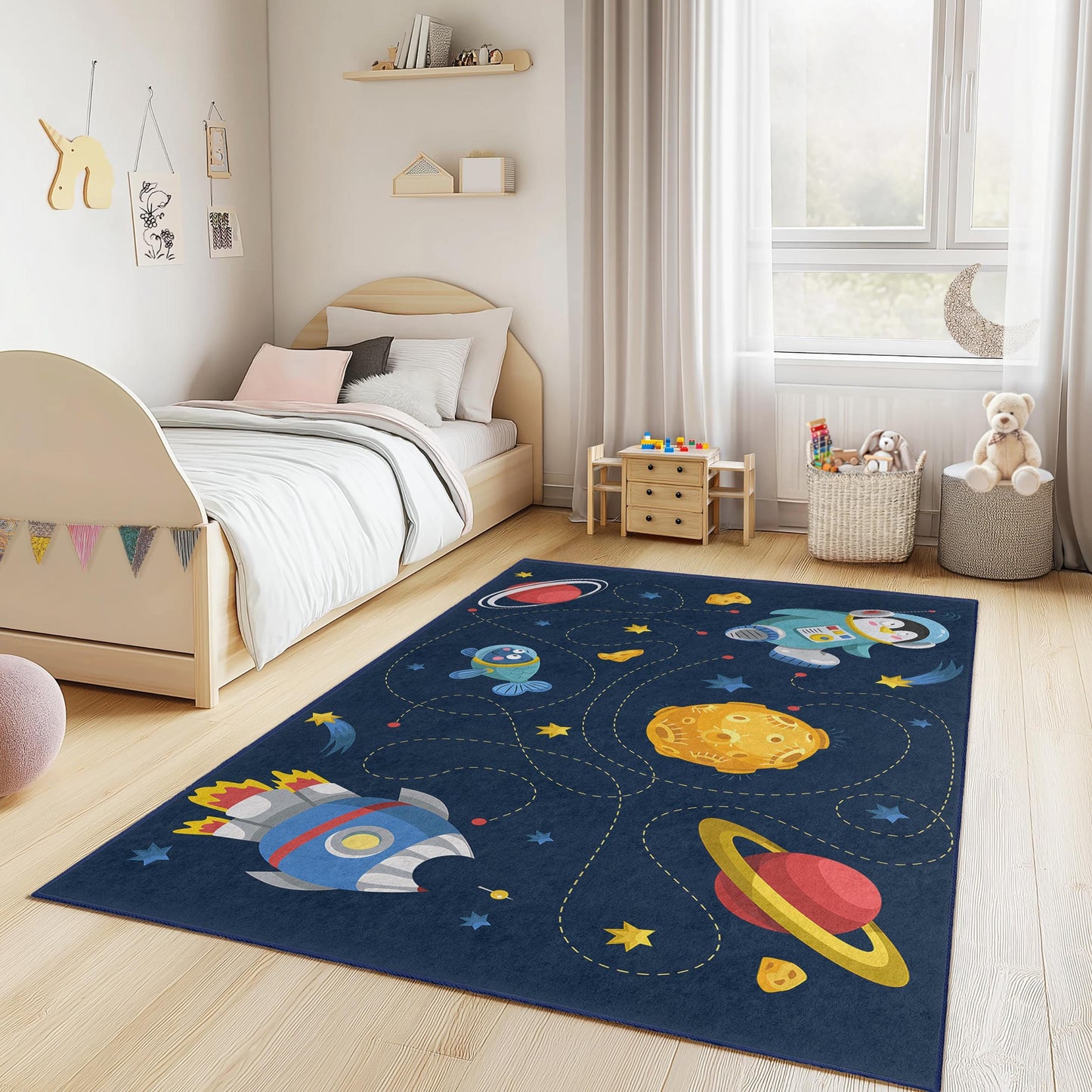 Space Adventure Rectangular Kids Rug, Astronaut and Rocket Themed Carpet, Children Room Decor, Playroom Rug, Galaxy Floor Mat