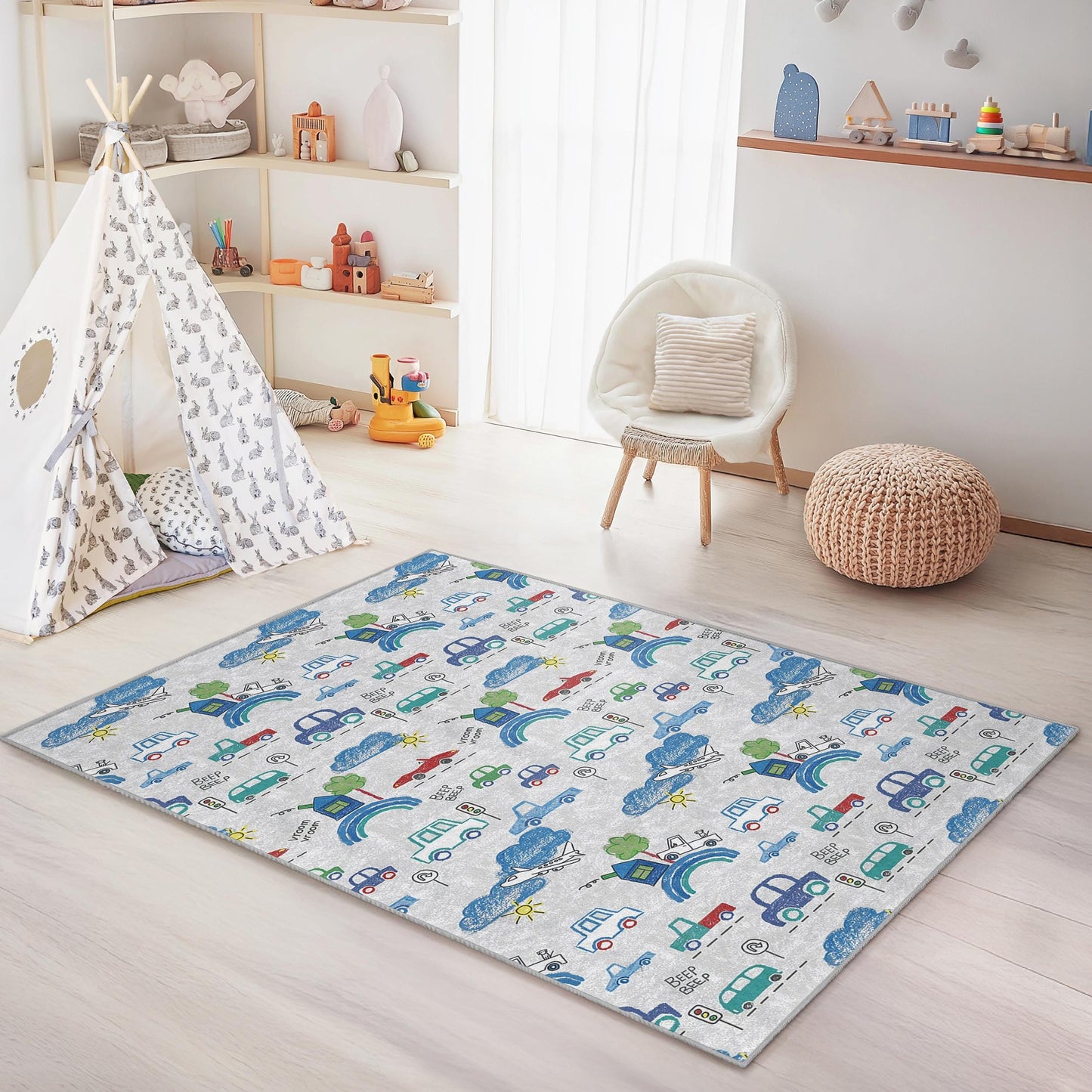 Colorful Car Adventure Rug, Kids Room Carpet, Rectangular Play Mat, Vehicle Theme Rug, Childrens Decor, Fun Kids Rug