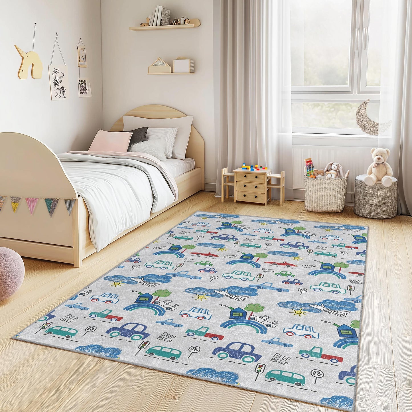 Colorful Car Adventure Rug, Kids Room Carpet, Rectangular Play Mat, Vehicle Theme Rug, Childrens Decor, Fun Kids Rug