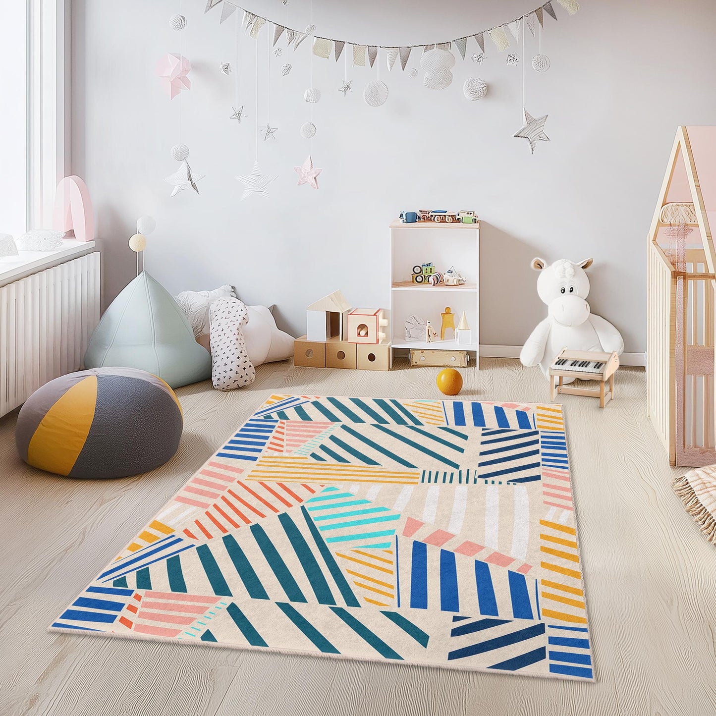 Geometric Striped Kids Rug: Colorful Nursery Play Mat