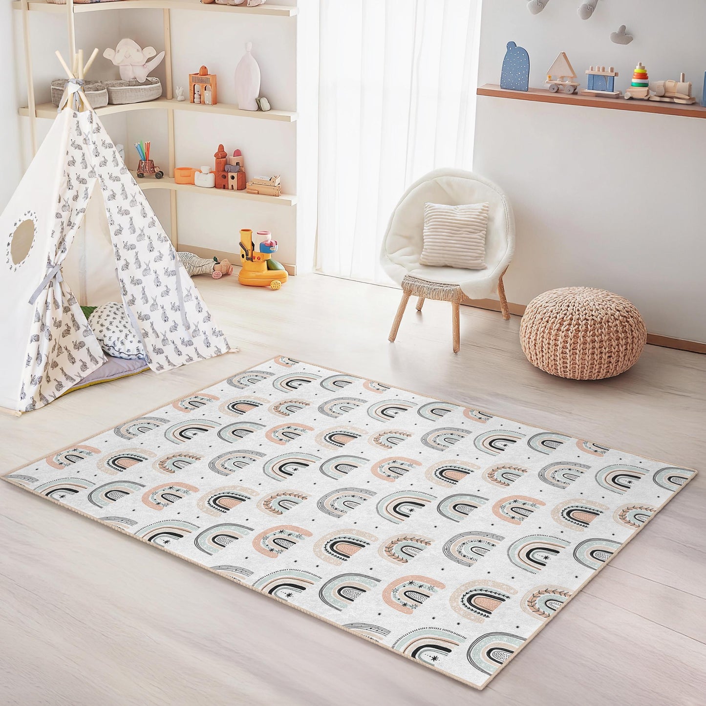 Rainbow Pattern Rectangular Kids Rug, Nursery Decor, Playroom Carpet, Colorful Kids Area Rug, Soft Children's Rug