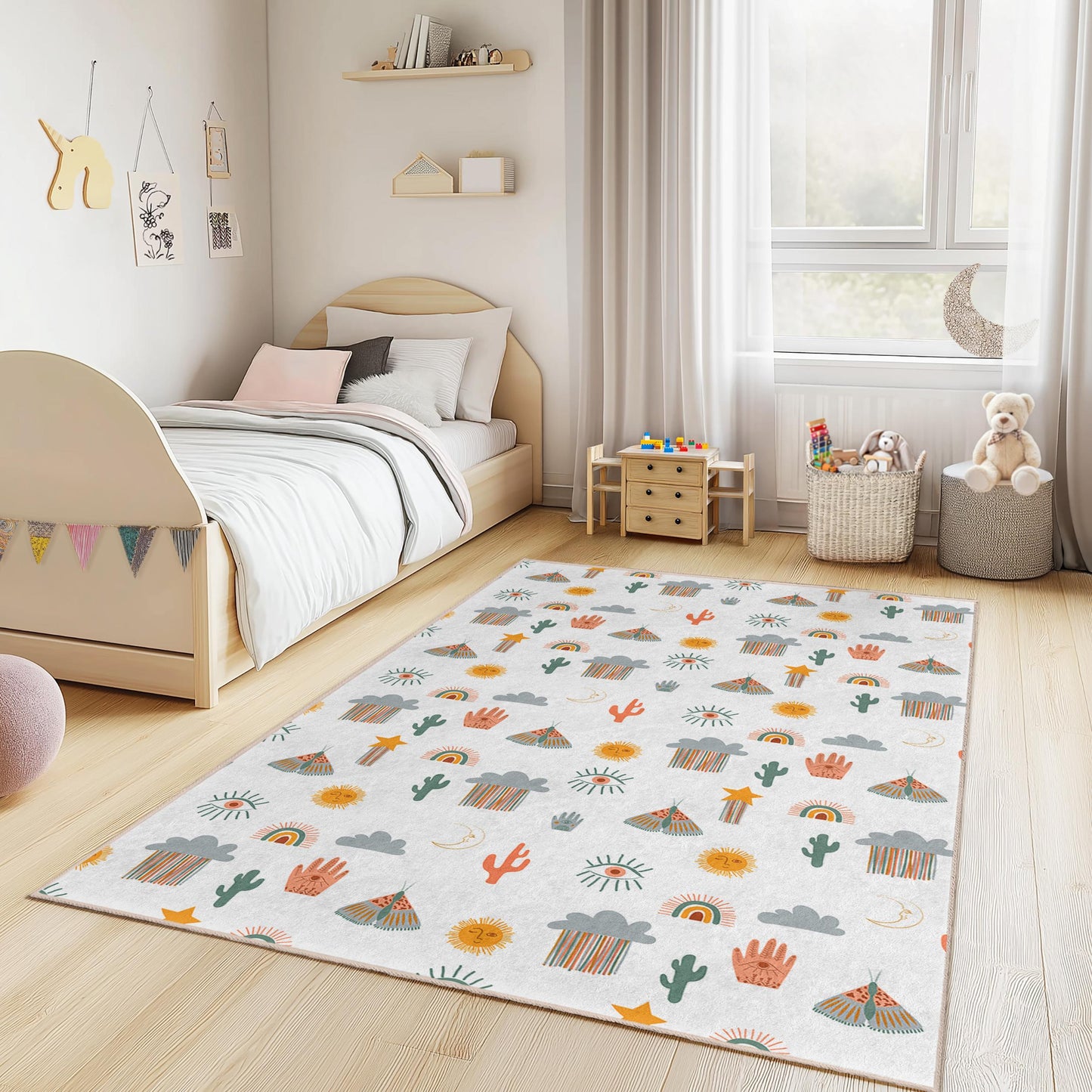 Whimsical Sun and Clouds Rectangular Kids Rug, Colorful Rainbows and Cacti Rug, Fun Nursery Decor, Playroom Carpet, Childrens Room Rug