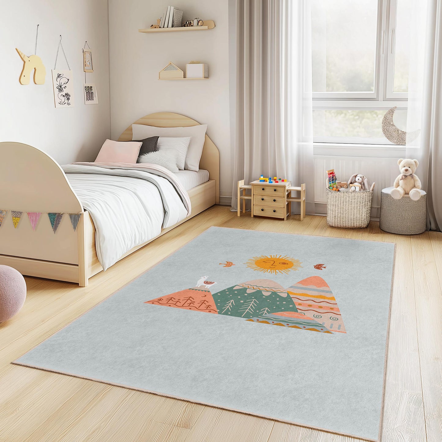 Mountain Sun Kids Area Rug, Rectangular Playroom Carpet, Soft Nursery Rug, Kids Room Decor, Nature Theme Rug, Play Mat for Children