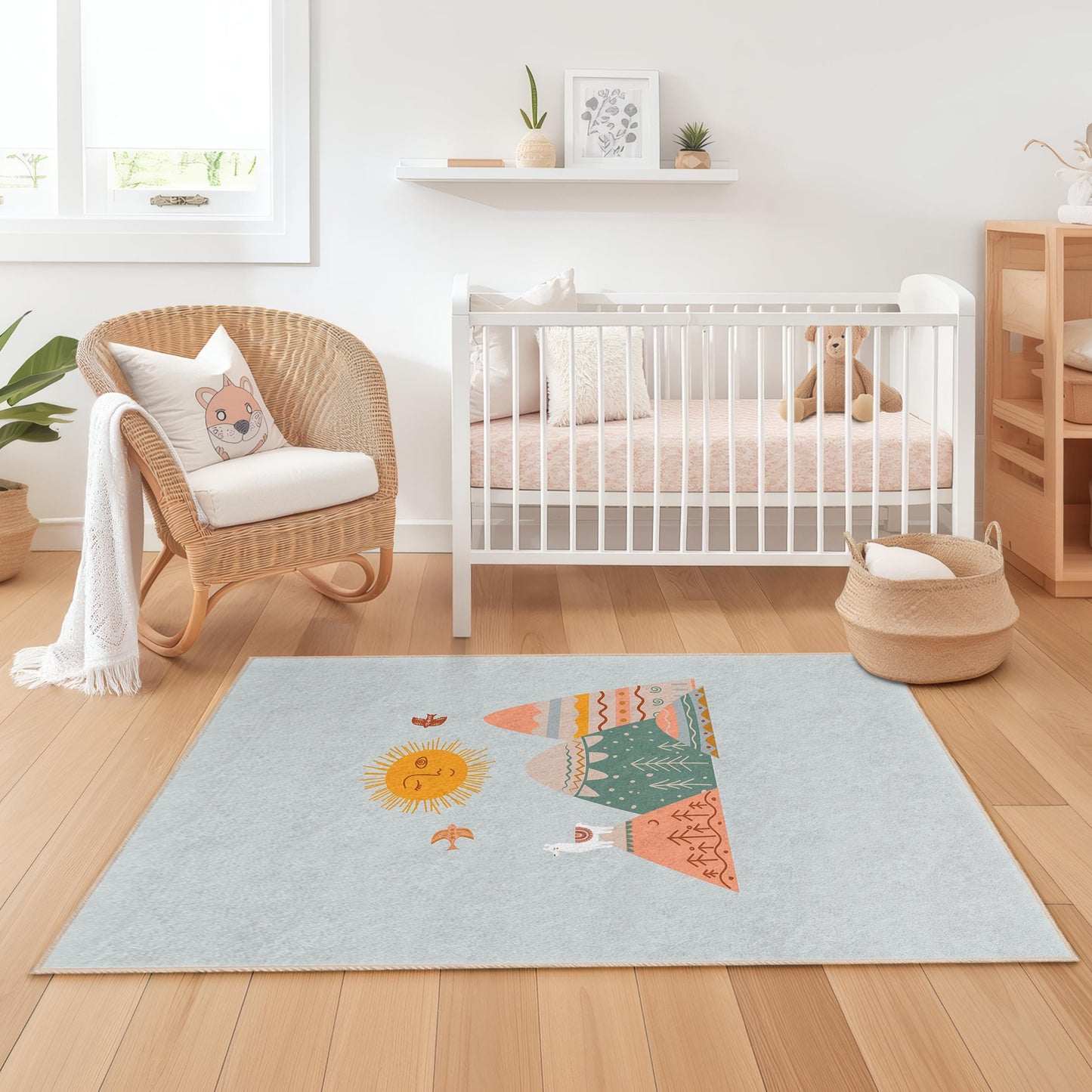 Mountain Sun Kids Area Rug, Rectangular Playroom Carpet, Soft Nursery Rug, Kids Room Decor, Nature Theme Rug, Play Mat for Children