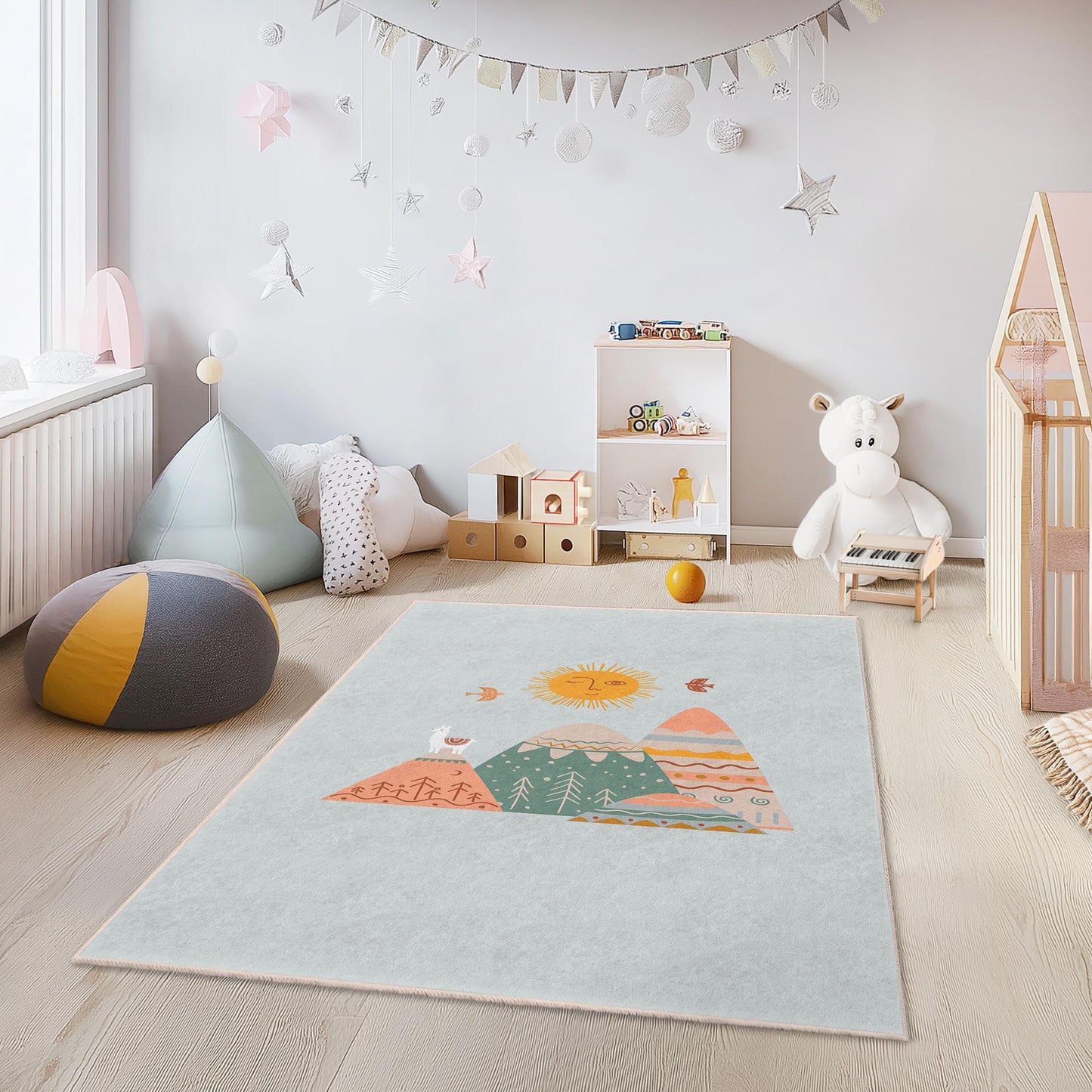 Mountain Sun Kids Area Rug, Rectangular Playroom Carpet, Soft Nursery Rug, Kids Room Decor, Nature Theme Rug, Play Mat for Children