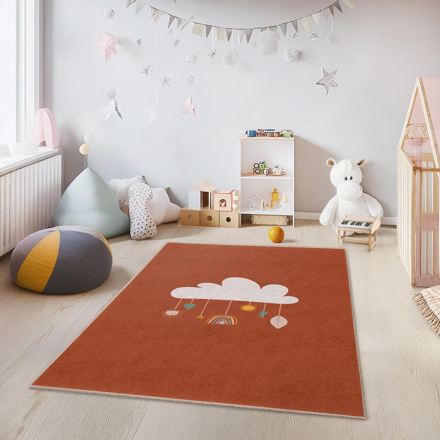 Cloud and Rainbow Kids Rug, Rectangular Playroom Carpet, Nursery Decor, Soft Play Mat for Children's Room, Cozy Toddler Rug