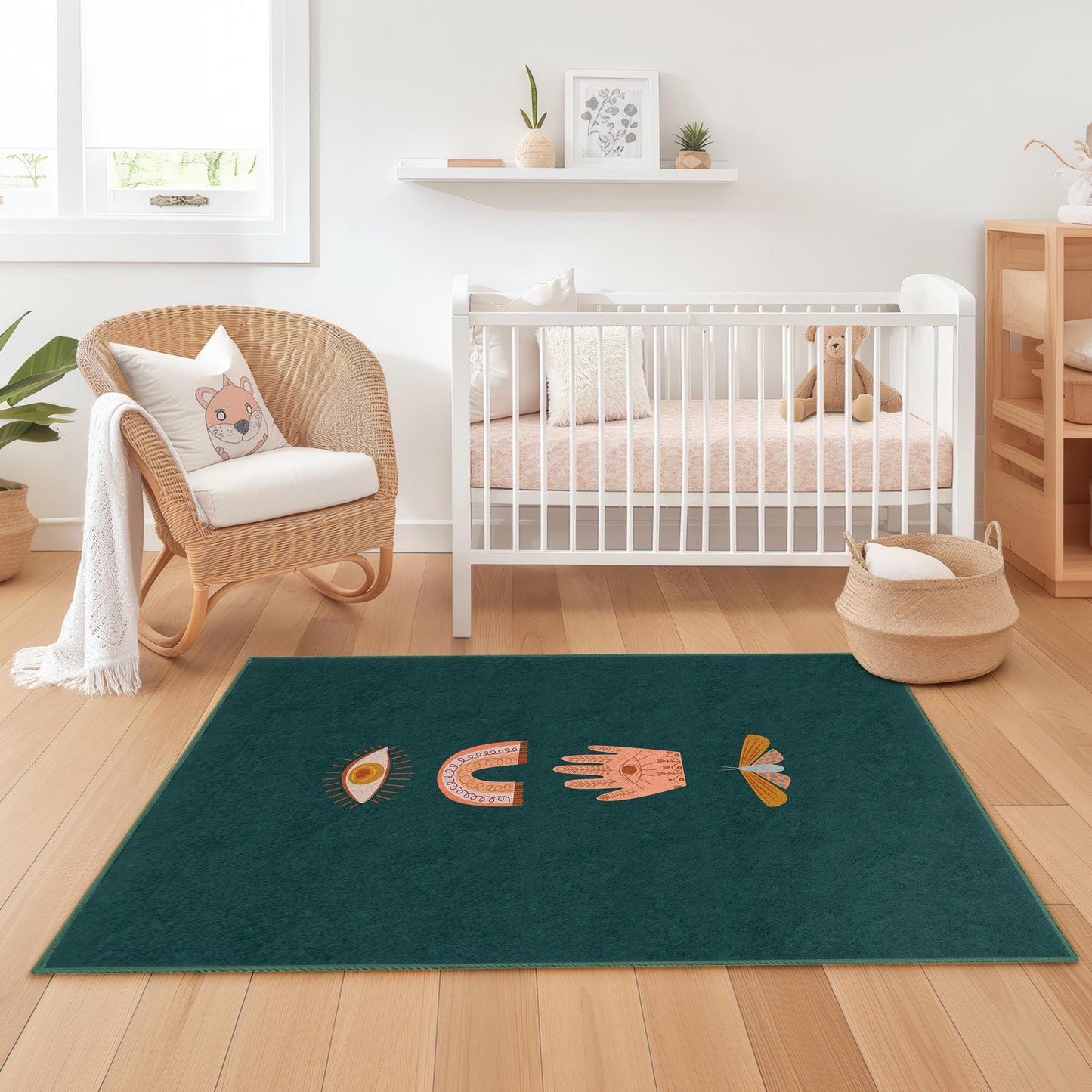 Mystical Eye Pattern Rectangle Rug, Bohemian Kids Room Carpet, Colorful Hand Design, Soft Nursery Rug, Unique Playroom Decor