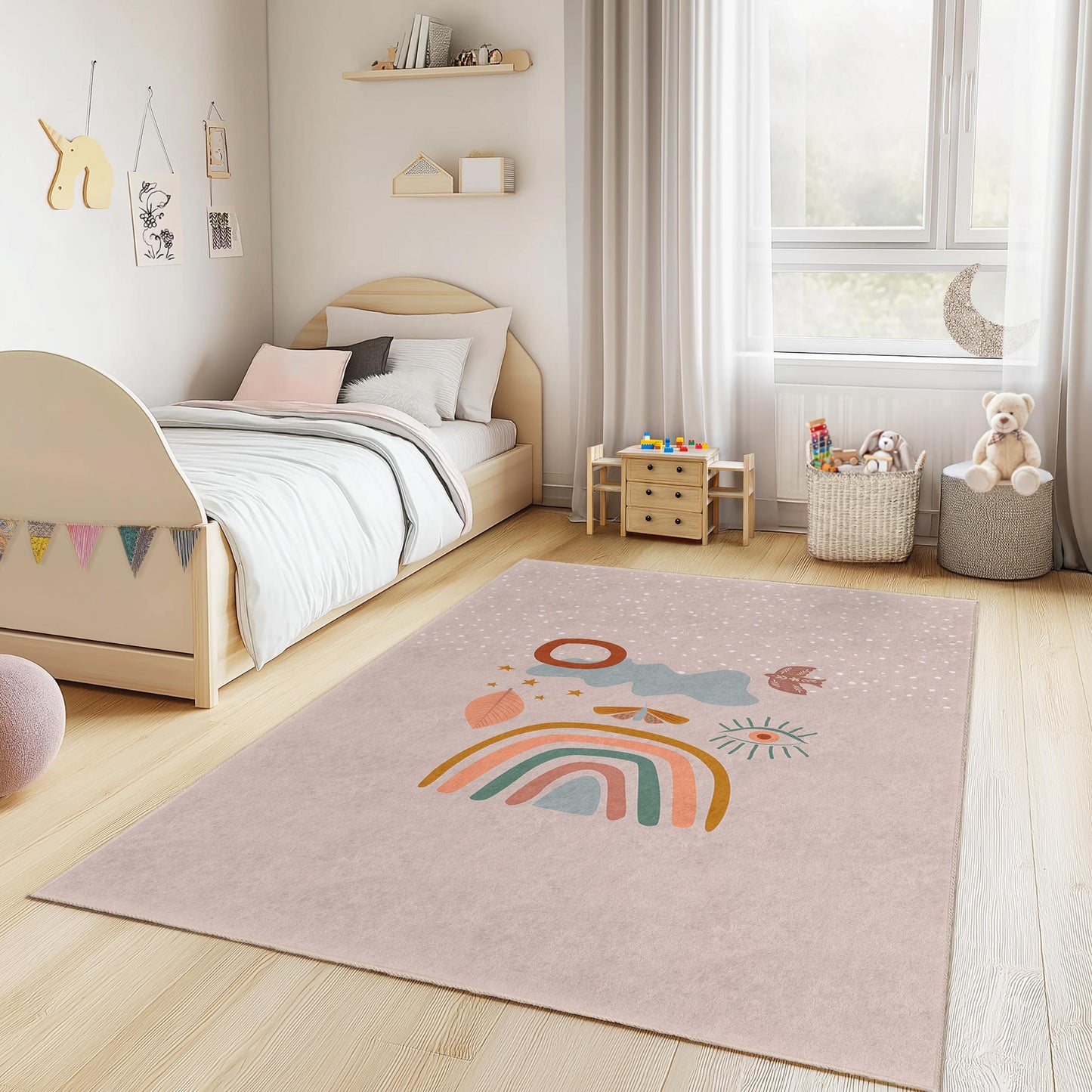 Rainbow and Nature Themed Kids Rectangular Rug, Colorful Playroom Decor, Soft Nursery Carpet, Childrens Room Rug, Unique Kids Rug
