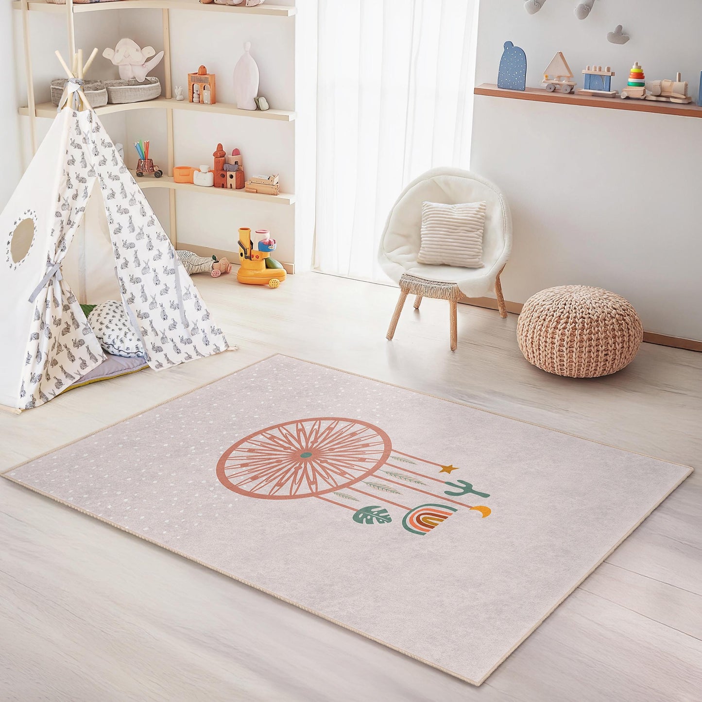 Dream Catcher Design Rectangular Kids Rug, Cute Nursery Carpet, Boho Playroom Decor, Soft Child's Rug for Bedroom