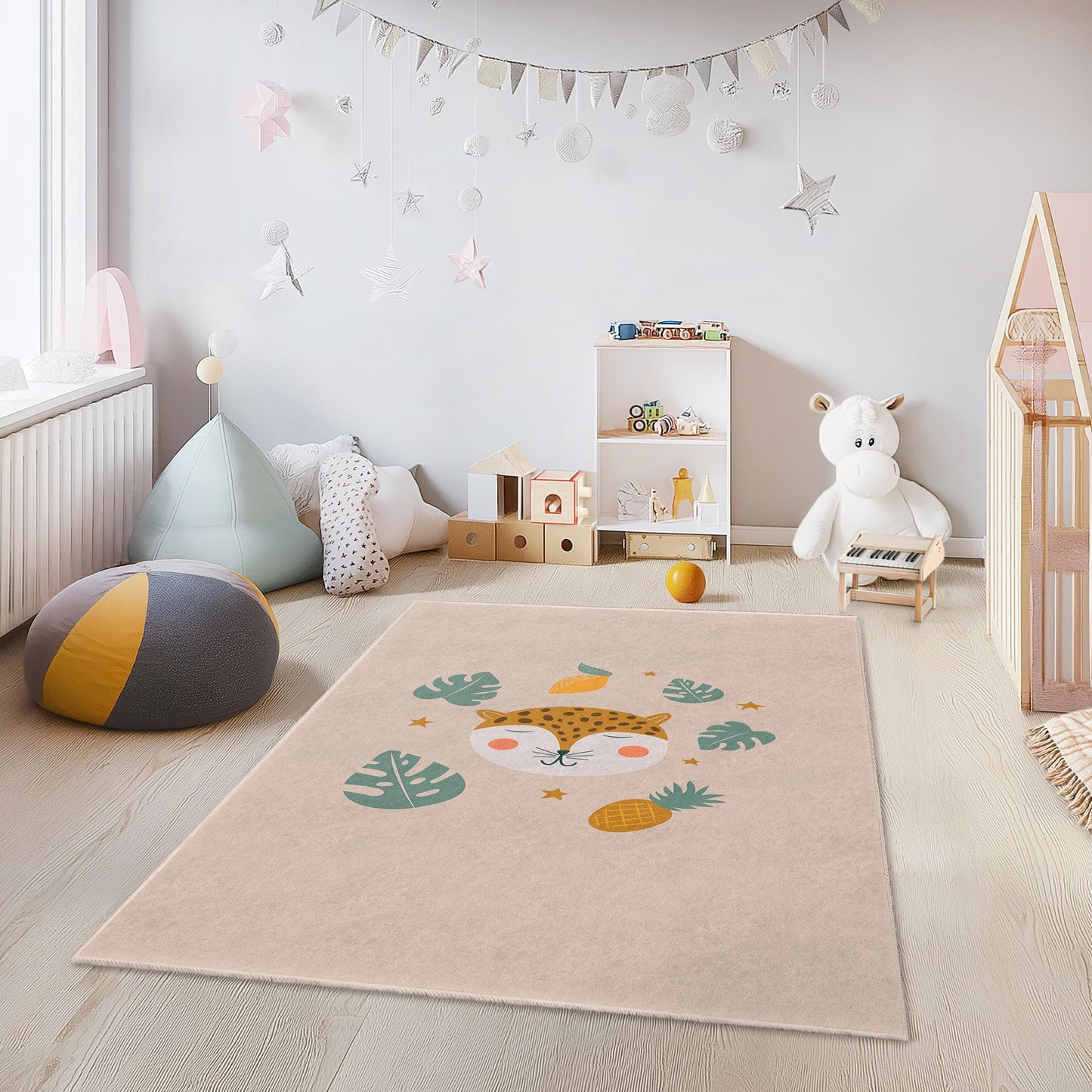 Cute Leopard Face Kids Rug, Animal Themed Rectangular Rug, Nursery Decor, Playroom Carpet, Soft Kids Room Mat
