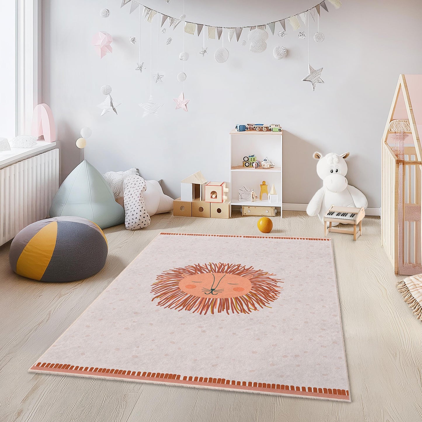 Cute Lion Design Kids Room Rectangular Rug, Playful Nursery Carpet, Soft Children's Area Rug for Playroom, Animal Theme Decor