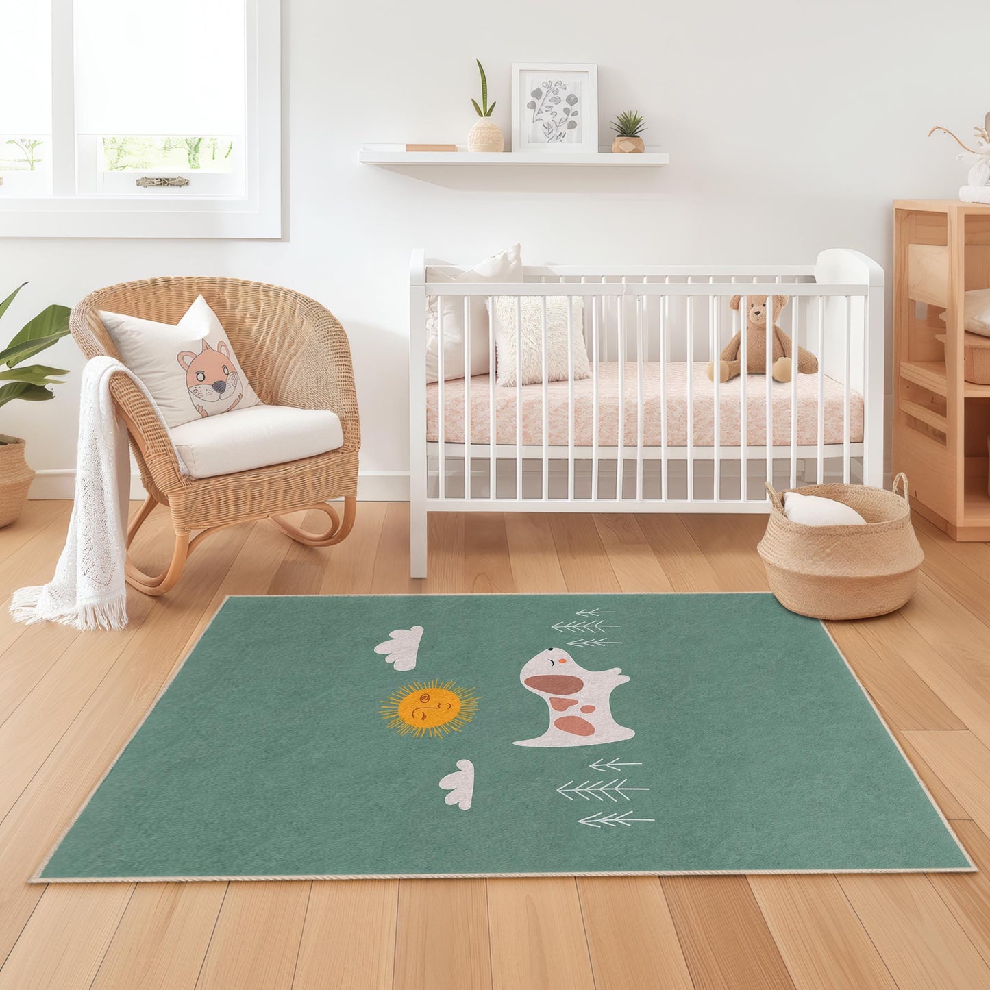 Cute Dog and Sun Rectangular Kids Rug, Playful Pet Design Rug for Children's Room, Nursery and Playroom Decor