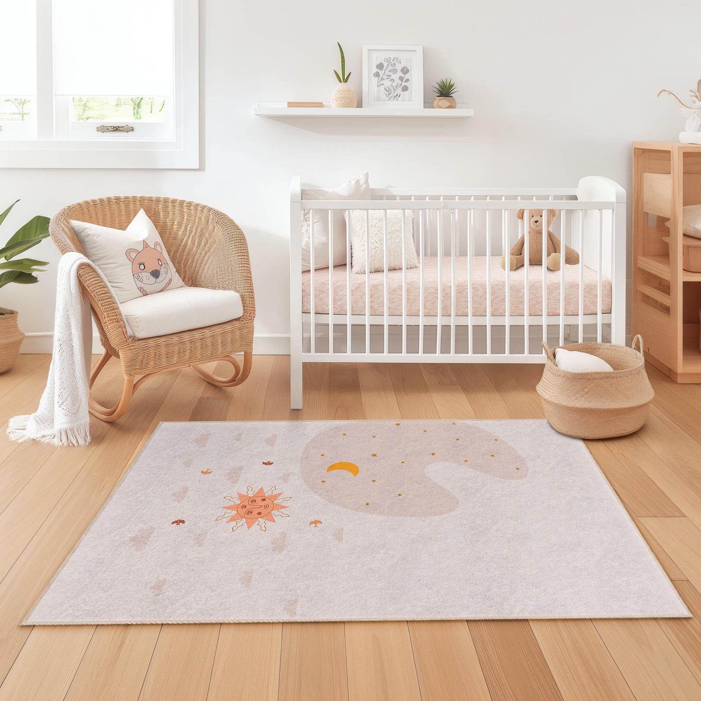 Sun and Moon Themed Kids Room Rug, Rectangle Play Rug for Children, Soft Nursery Carpet, Baby Room Decor, Cute Childrens Rug