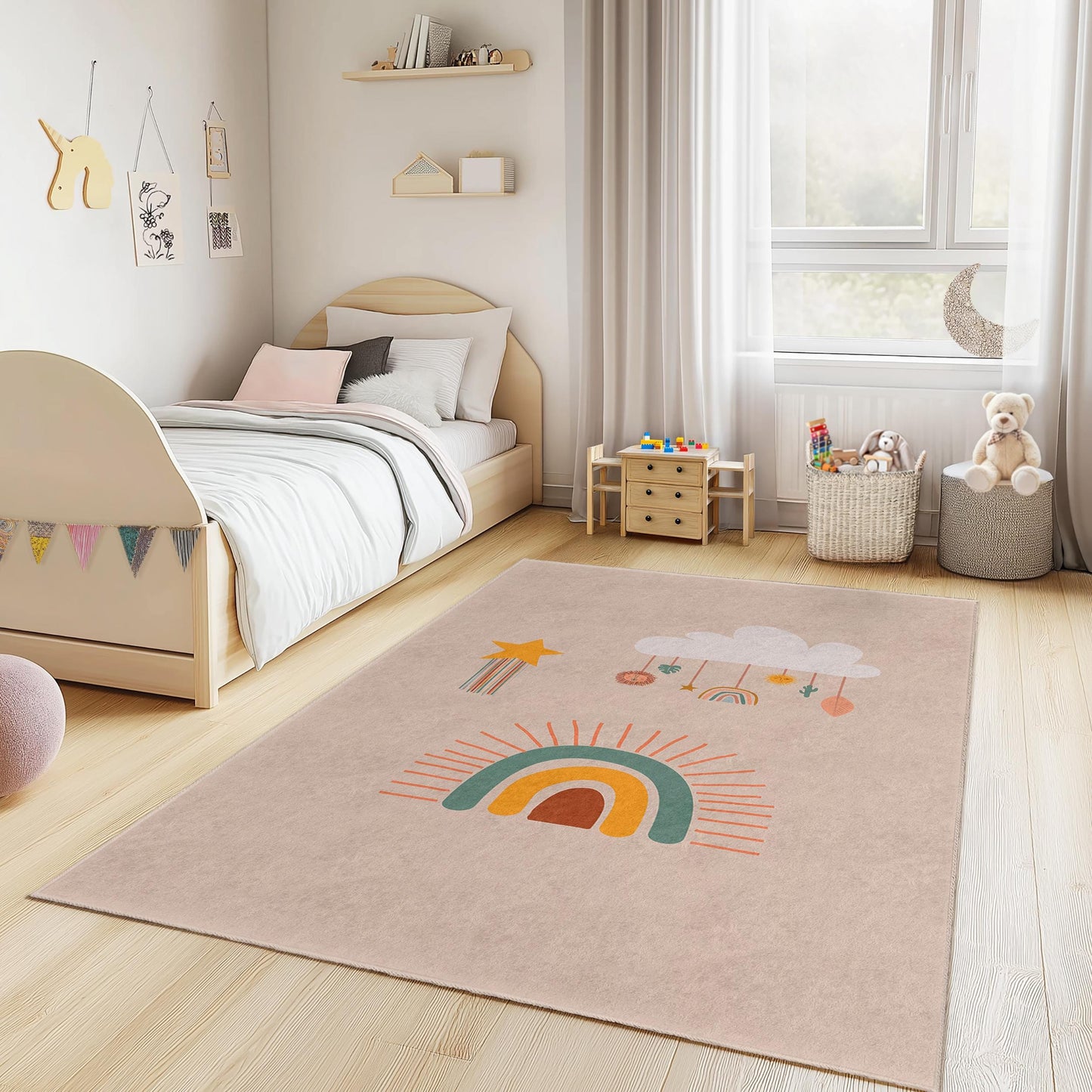 Rainbow Cloud Themed Kids Room Rug, Rectangular Play Mat, Soft Nursery Carpet, Colorful Childrens Area Rug, Baby Room Decor