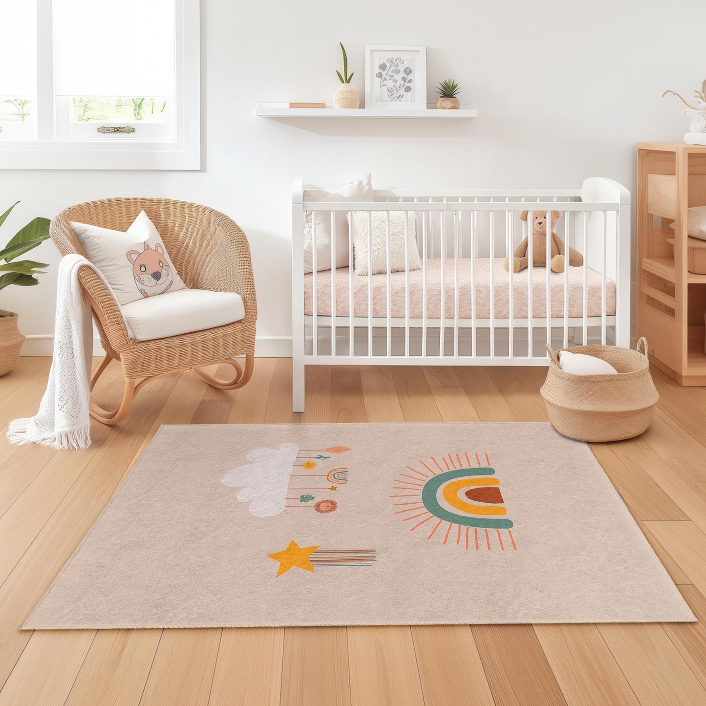 Rainbow Cloud Themed Kids Room Rug, Rectangular Play Mat, Soft Nursery Carpet, Colorful Childrens Area Rug, Baby Room Decor