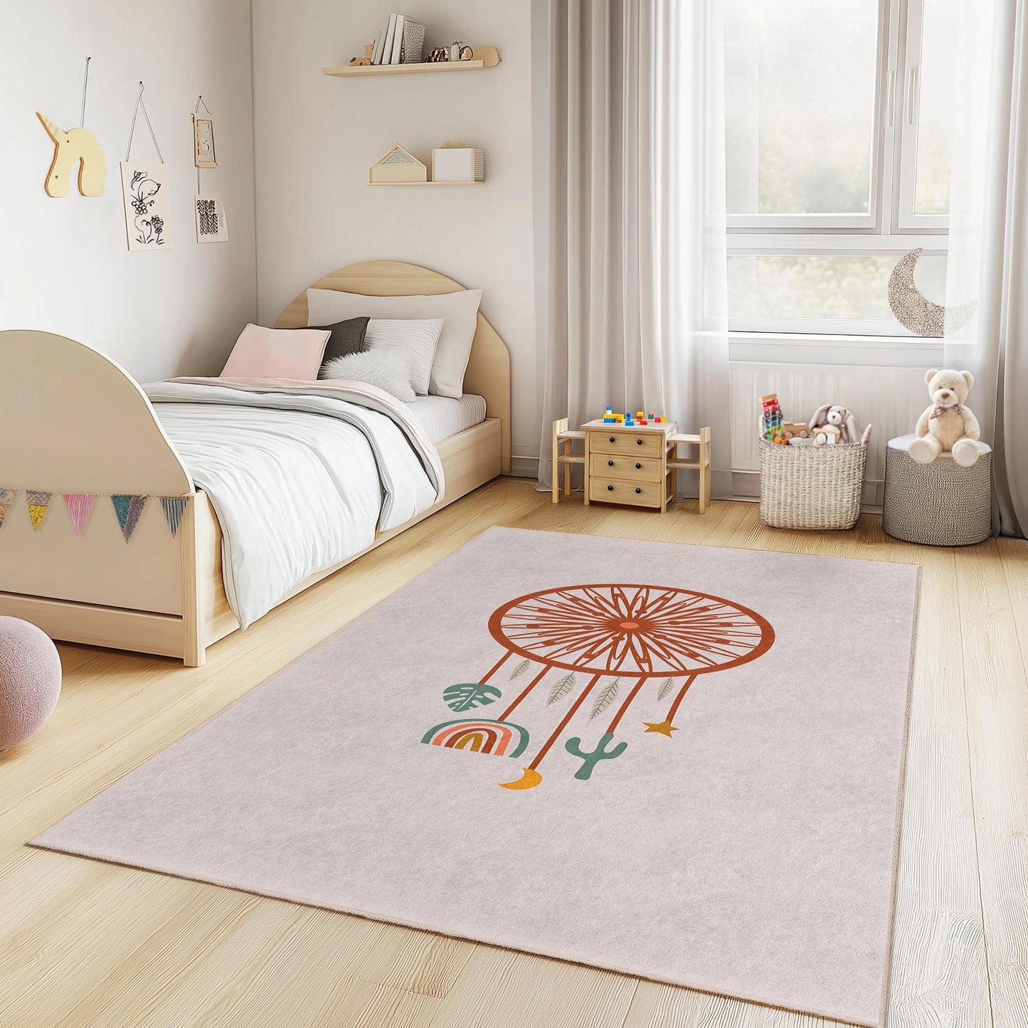 Dreamcatcher Pattern Rectangle Kids Rug, Boho Style Playroom Carpet, Nursery Decor, Unique Children's Room Rug