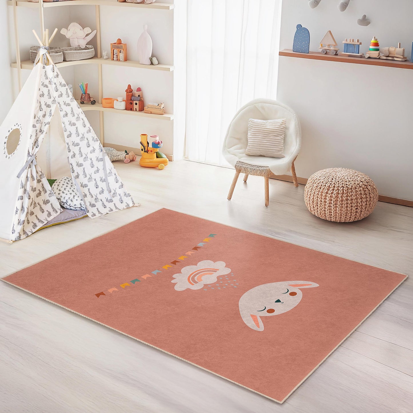 Bunny Rainbow Kids Rug: Soft Nursery Playroom Carpet