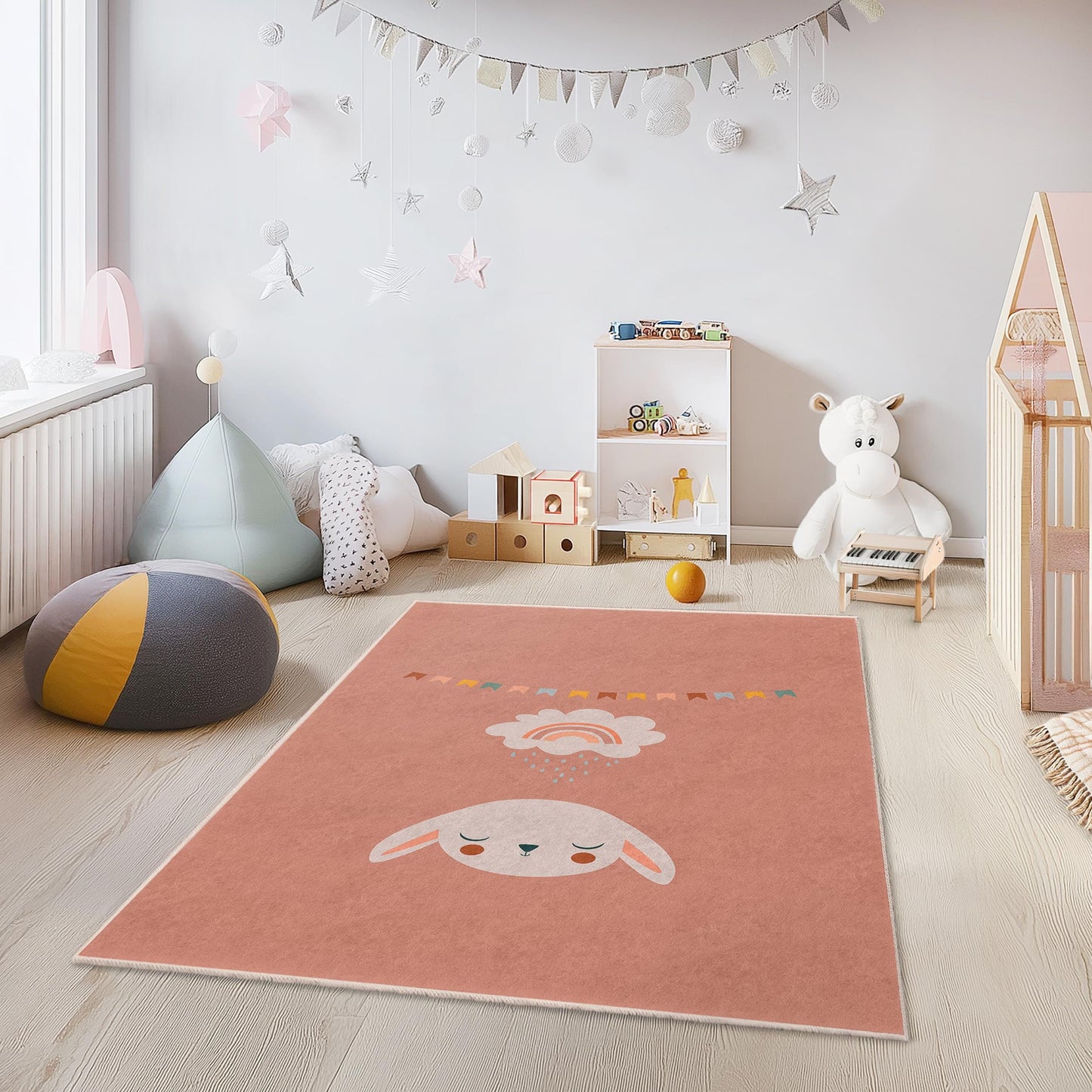 Bunny Rainbow Kids Rug: Soft Nursery Playroom Carpet