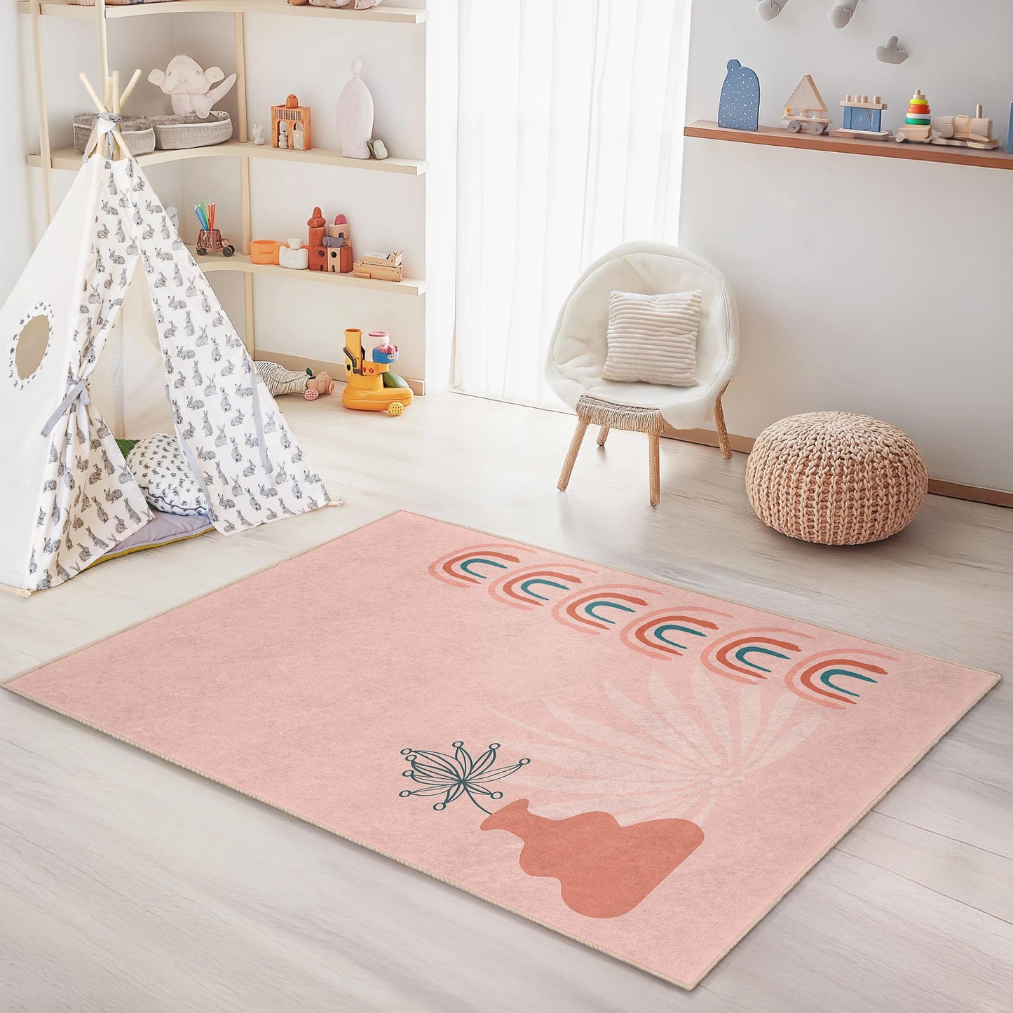 Pastel Rainbow and Flower Patterned Kids Rectangular Rug, Soft Nursery Carpet, Playroom Decor, Modern Kids Room Rug, Colorful Area Rug
