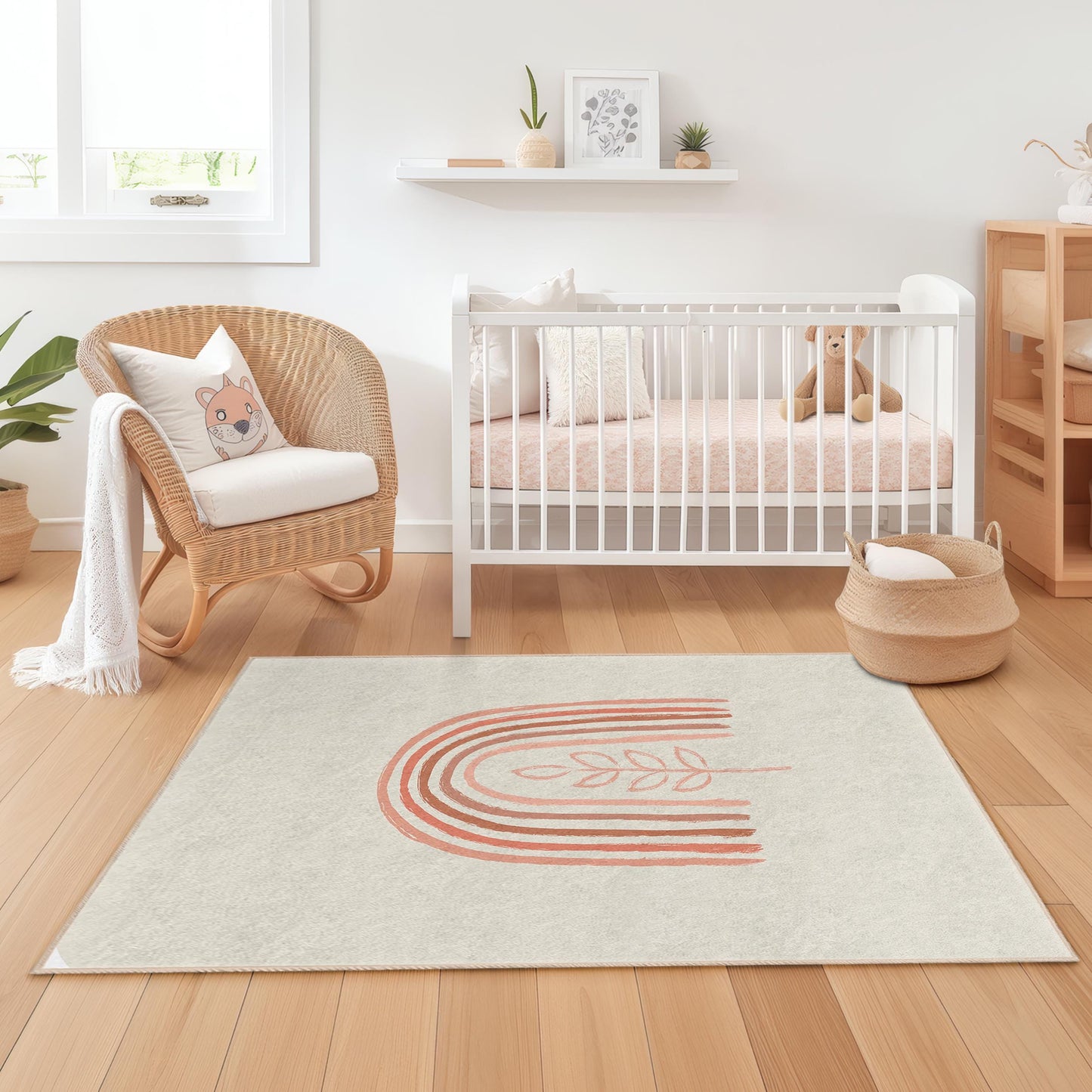 Rainbow and Leaf Pattern Rectangular Kids Rug, Nursery Decor, Soft and Cozy Playroom Carpet, Children's Room Rug, Playmat for Kids