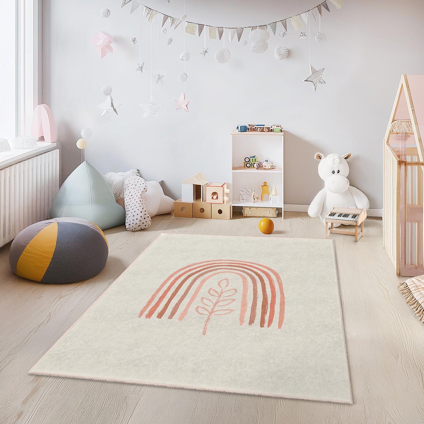 Rainbow and Leaf Pattern Rectangular Kids Rug, Nursery Decor, Soft and Cozy Playroom Carpet, Children's Room Rug, Playmat for Kids