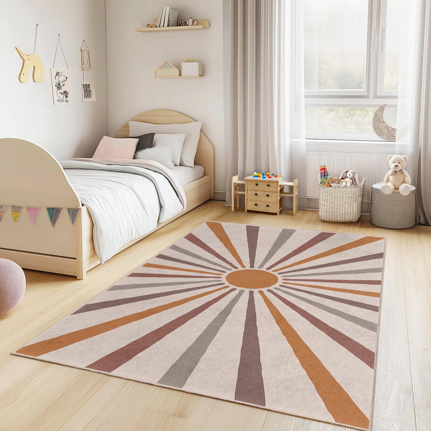 Retro Sunburst Pattern Kids Rectangular Rug, Colorful Nursery Carpet, Modern Playroom Decor, Soft Children's Room Area Mat, Kids Room Rug