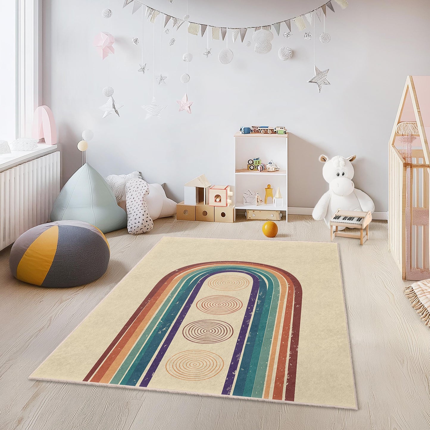 Colorful Rainbow Stripes Rectangular Kids Rug, Boho Nursery Carpet, Modern Playroom Decor, Soft Kids Area Rug, Unique Children's Rug