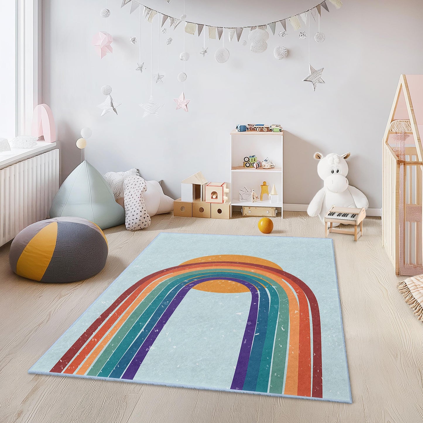 Rainbow Pattern Rectangular Kids Rug, Colorful Nursery Carpet, Kids Room Decor, Playroom Mat, Soft Kids Rug, Fun Rainbow Rug