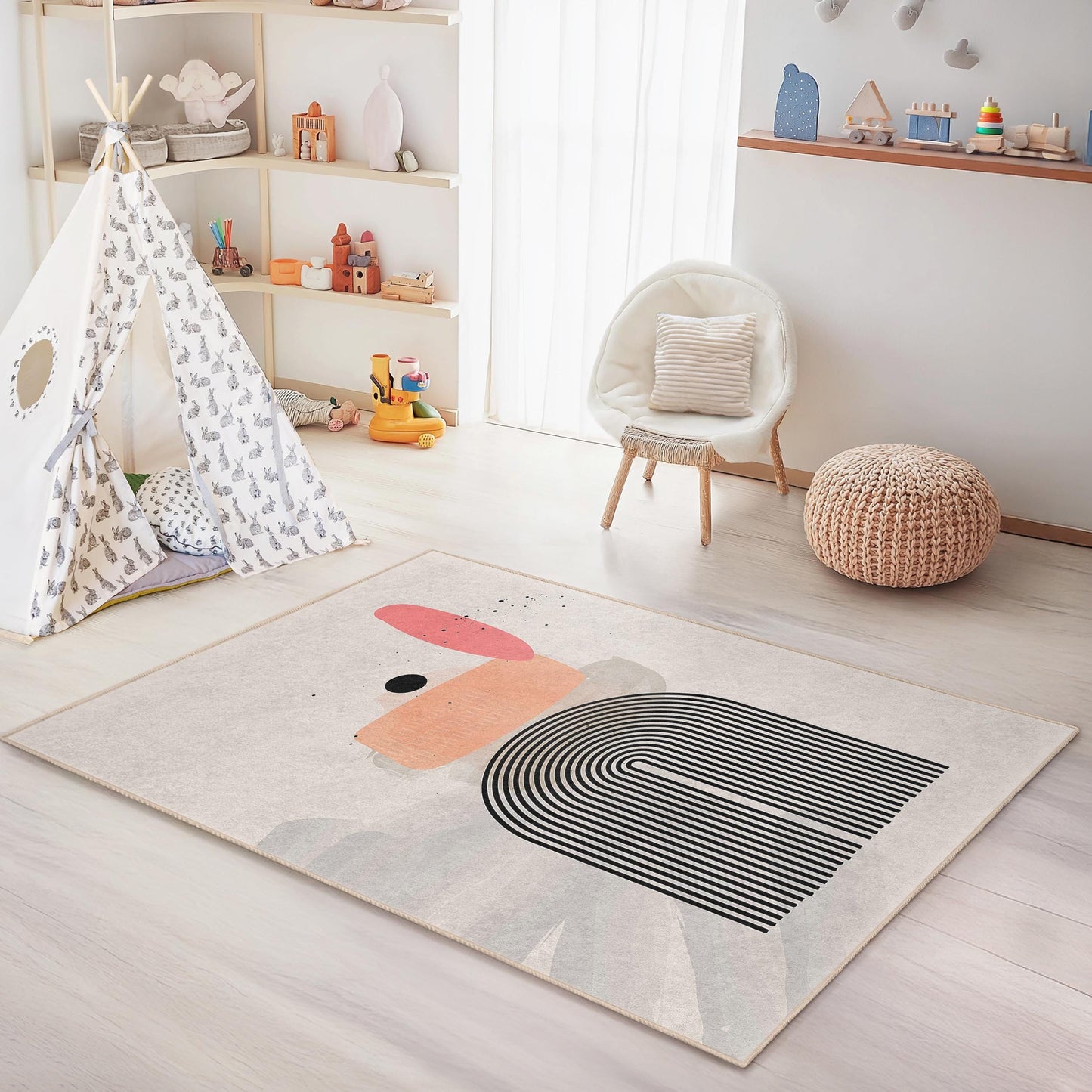 Modern Geometric Rectangular Kids Rug, Abstract Lines Design, Soft Play Carpet, Nursery Room Decor, Kids Room Flooring