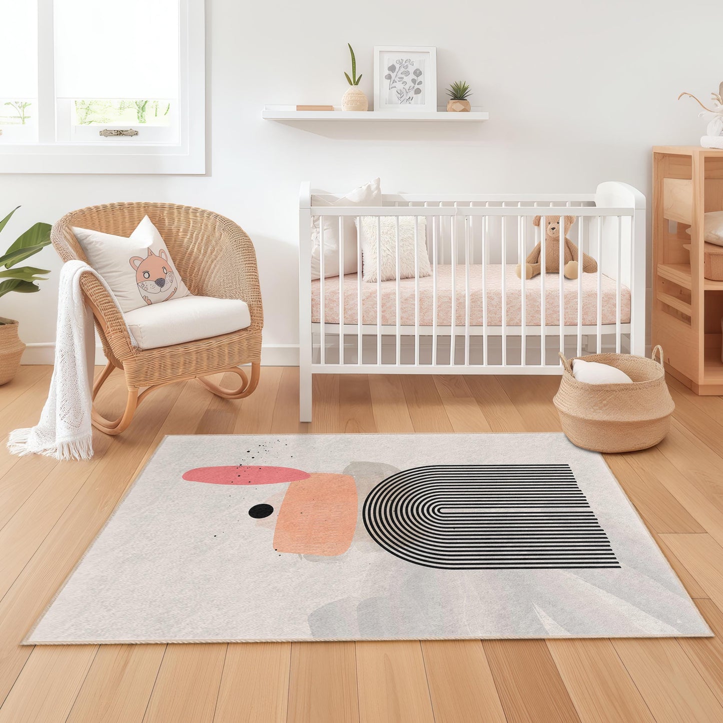 Modern Geometric Rectangular Kids Rug, Abstract Lines Design, Soft Play Carpet, Nursery Room Decor, Kids Room Flooring