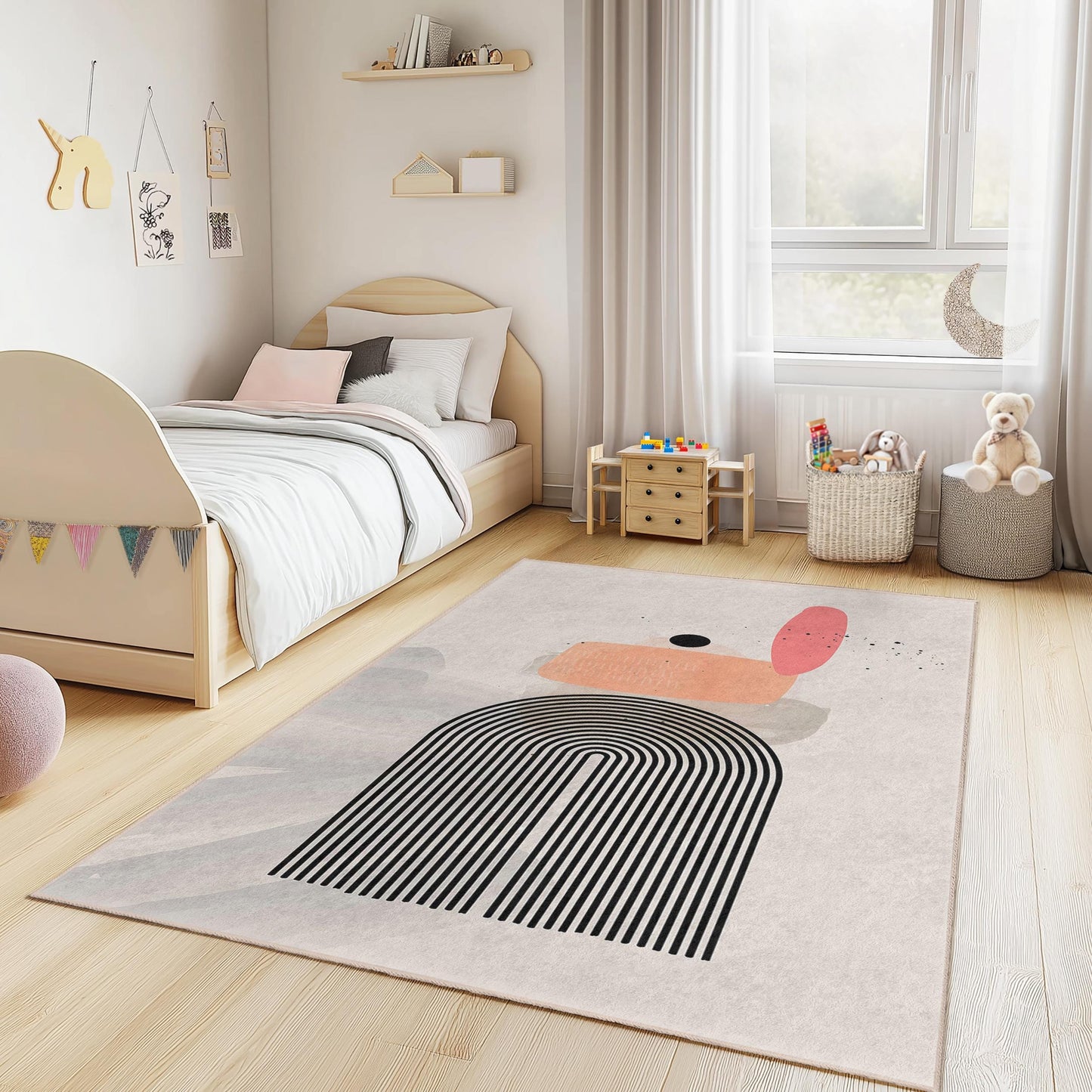 Modern Geometric Rectangular Kids Rug, Abstract Lines Design, Soft Play Carpet, Nursery Room Decor, Kids Room Flooring