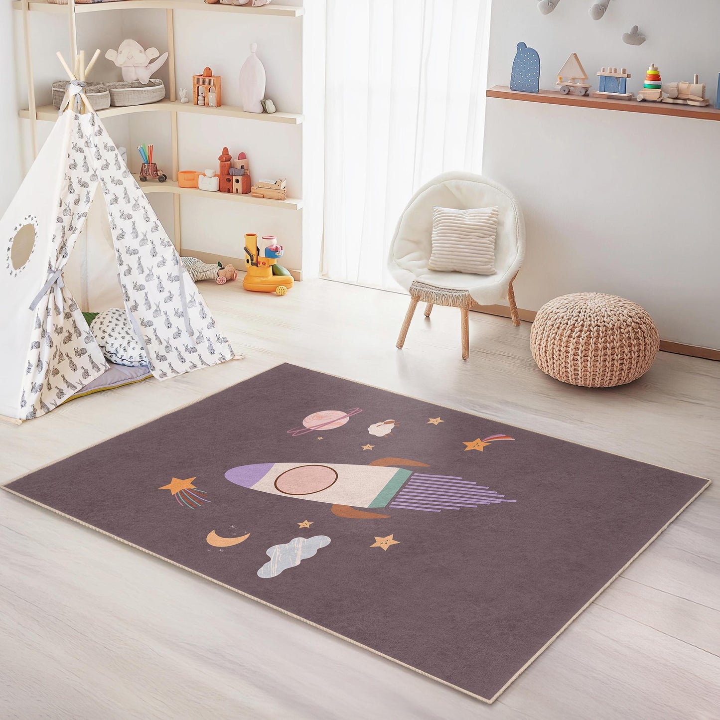 Rocket Adventure Kids Rug, Outer Space Themed Rectangle Rug, Playroom Decor, Galaxy Rug for Children, Nursery Carpet