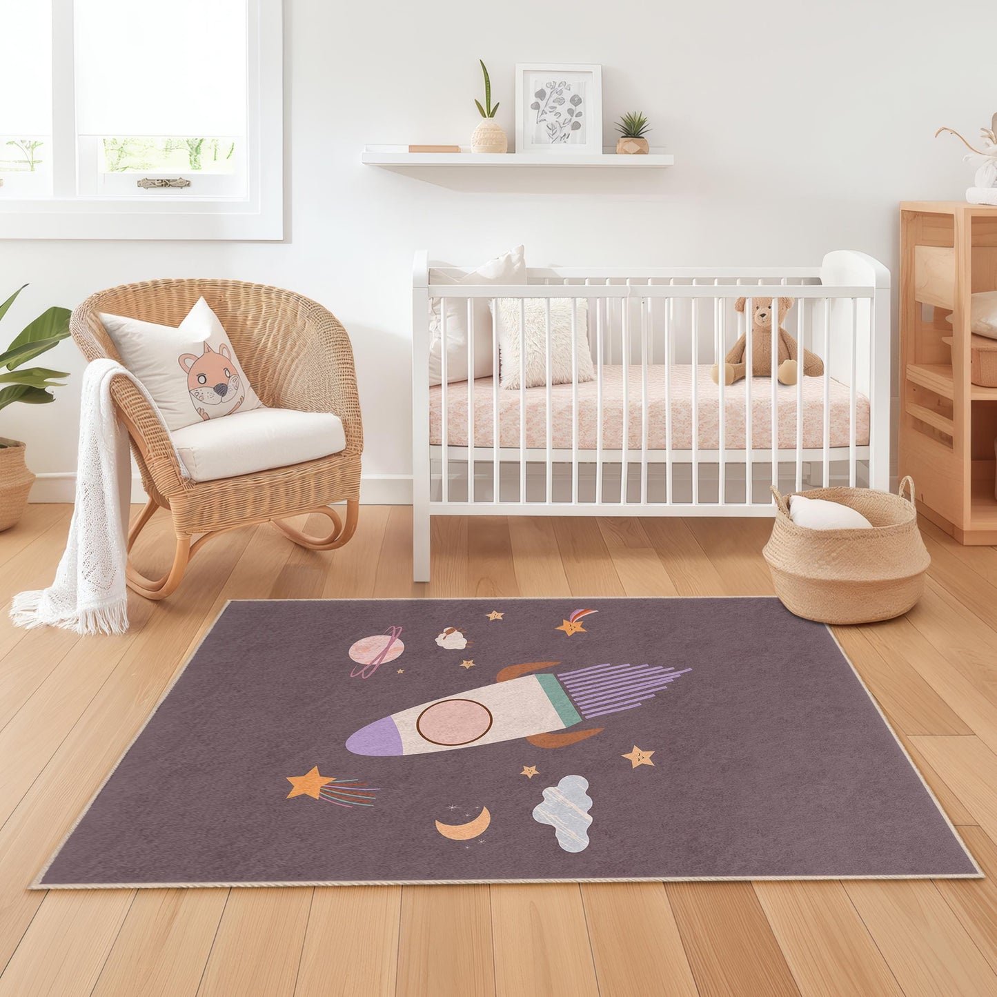 Rocket Adventure Kids Rug, Outer Space Themed Rectangle Rug, Playroom Decor, Galaxy Rug for Children, Nursery Carpet