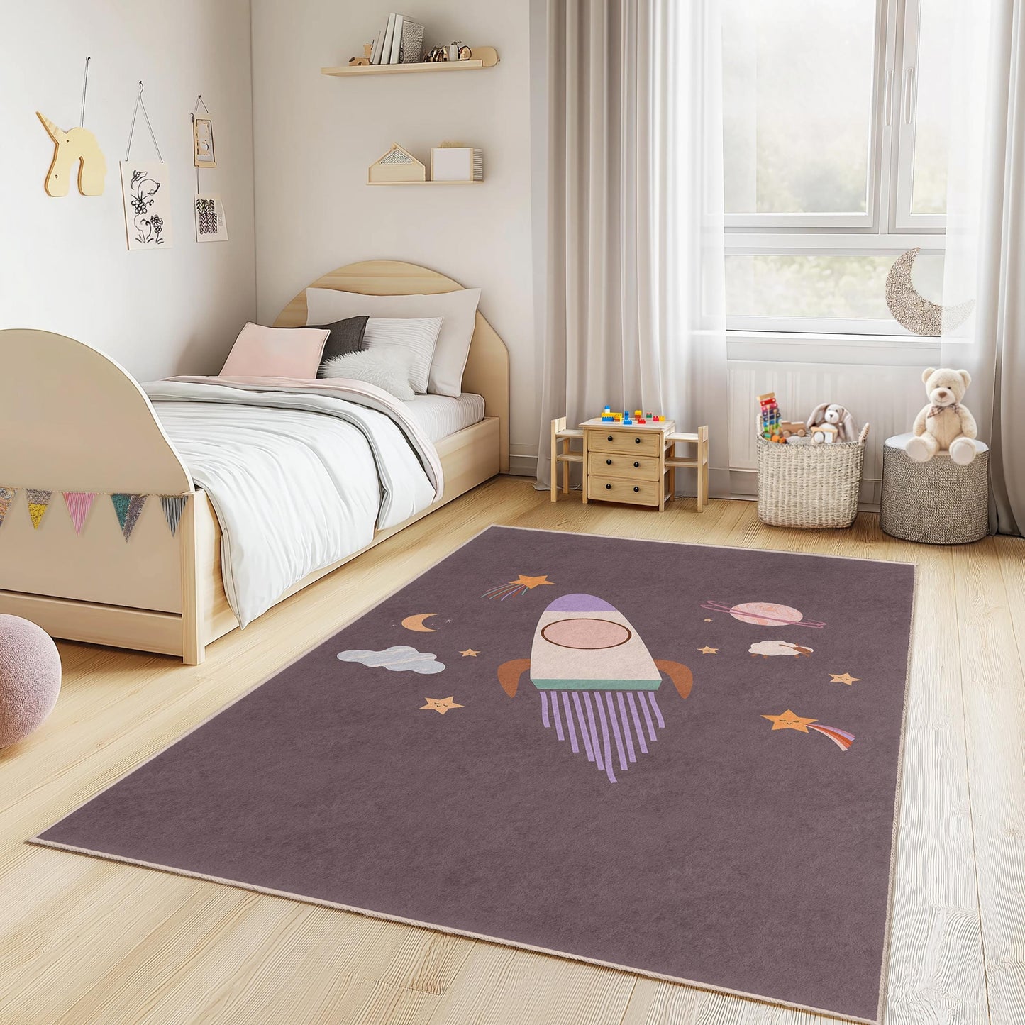 Rocket Adventure Kids Rug, Outer Space Themed Rectangle Rug, Playroom Decor, Galaxy Rug for Children, Nursery Carpet