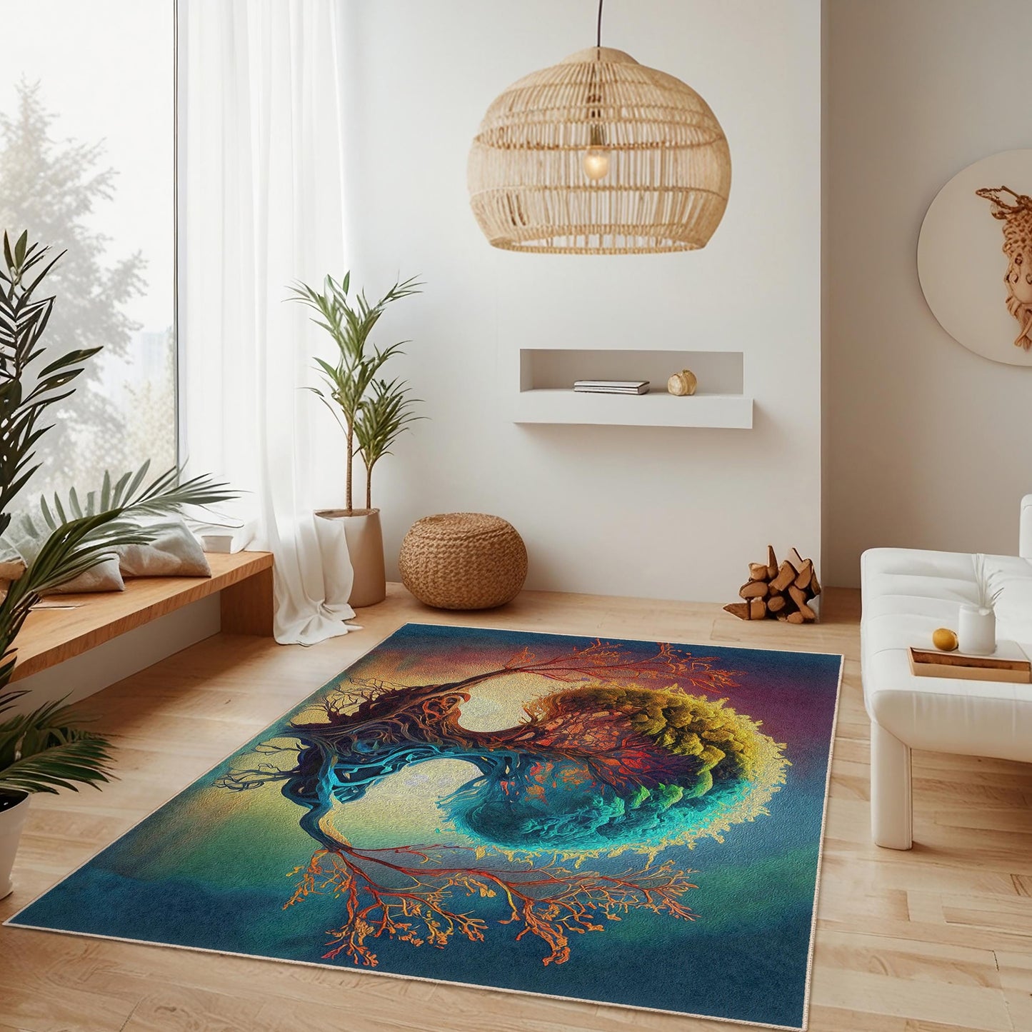 Colorful Tree of Life Rectangular Rug, Abstract Nature Rug, Living Room Decor, Artistic Area Rug, Bohemian Home Accent