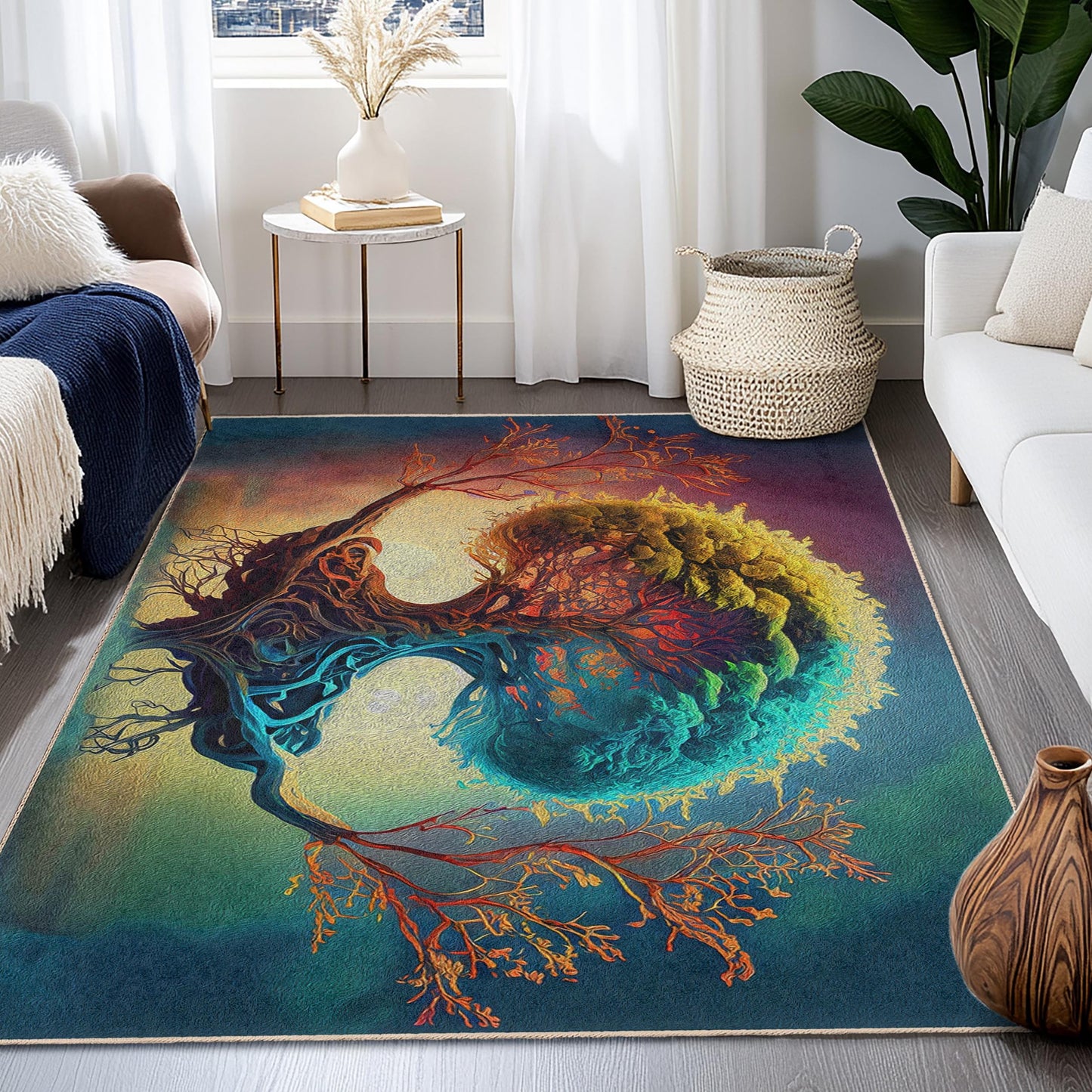 Colorful Tree of Life Rectangular Rug, Abstract Nature Rug, Living Room Decor, Artistic Area Rug, Bohemian Home Accent
