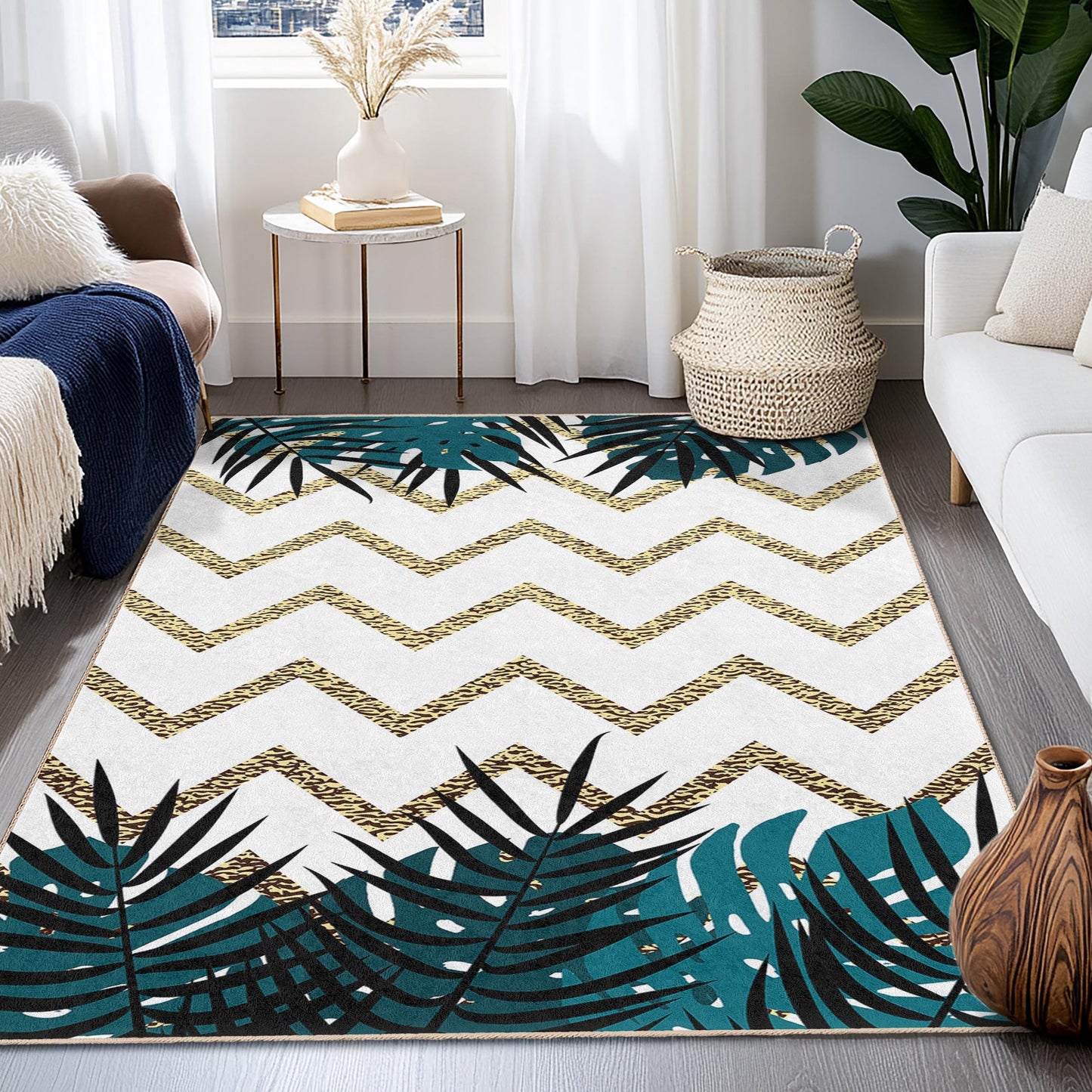 Tropical Leaf Chevron Pattern Rectangle Rug, Modern Living Room Carpet, Boho Chic Area Rug, Indoor Floor Mat, Home Decor Accent